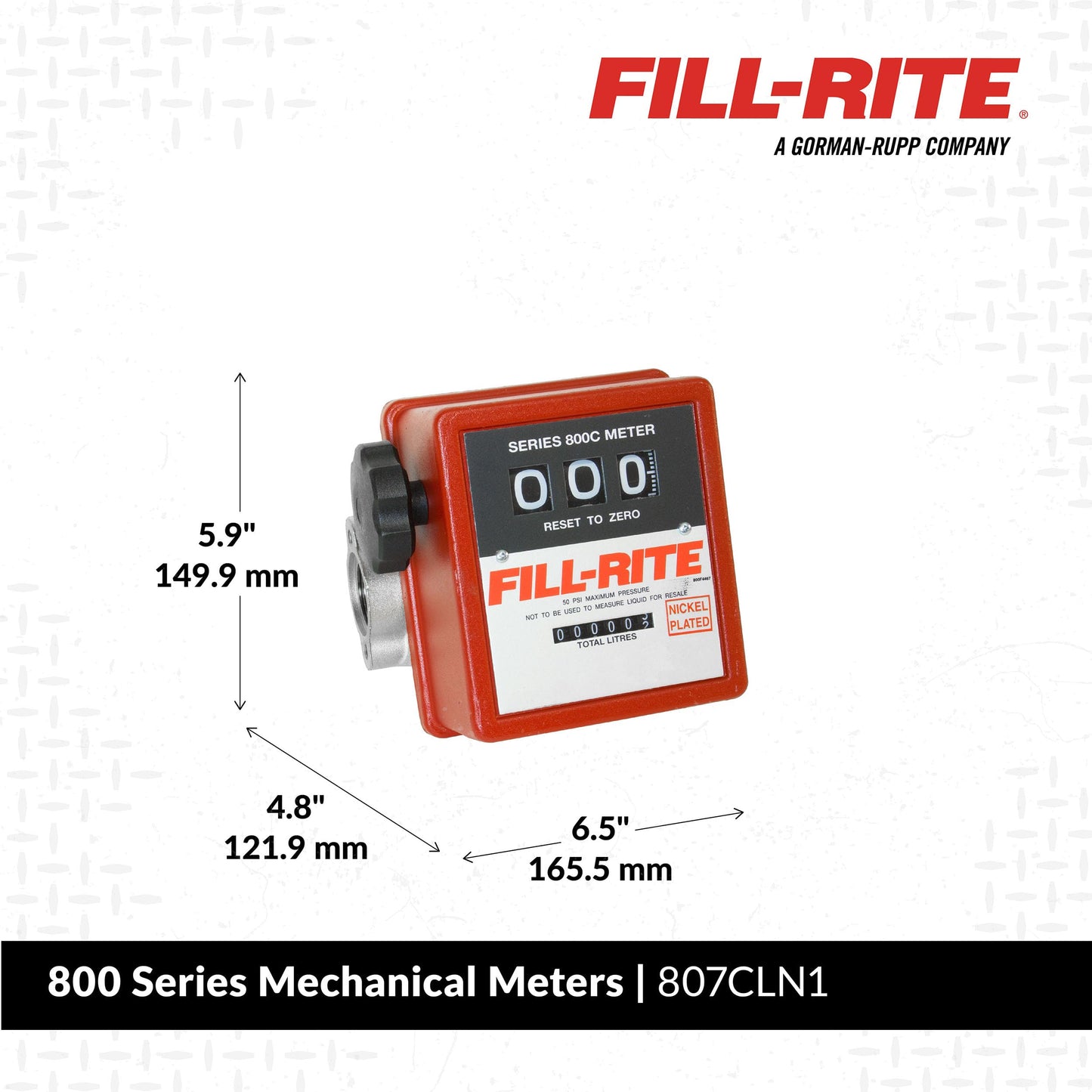 Fill-Rite 807CLN1 1" 19 - 76 LPM 3 Wheel Mechanical Meter, Nickel-Plated for Use With Biofuels, Fuel Transfer Liter Meter
