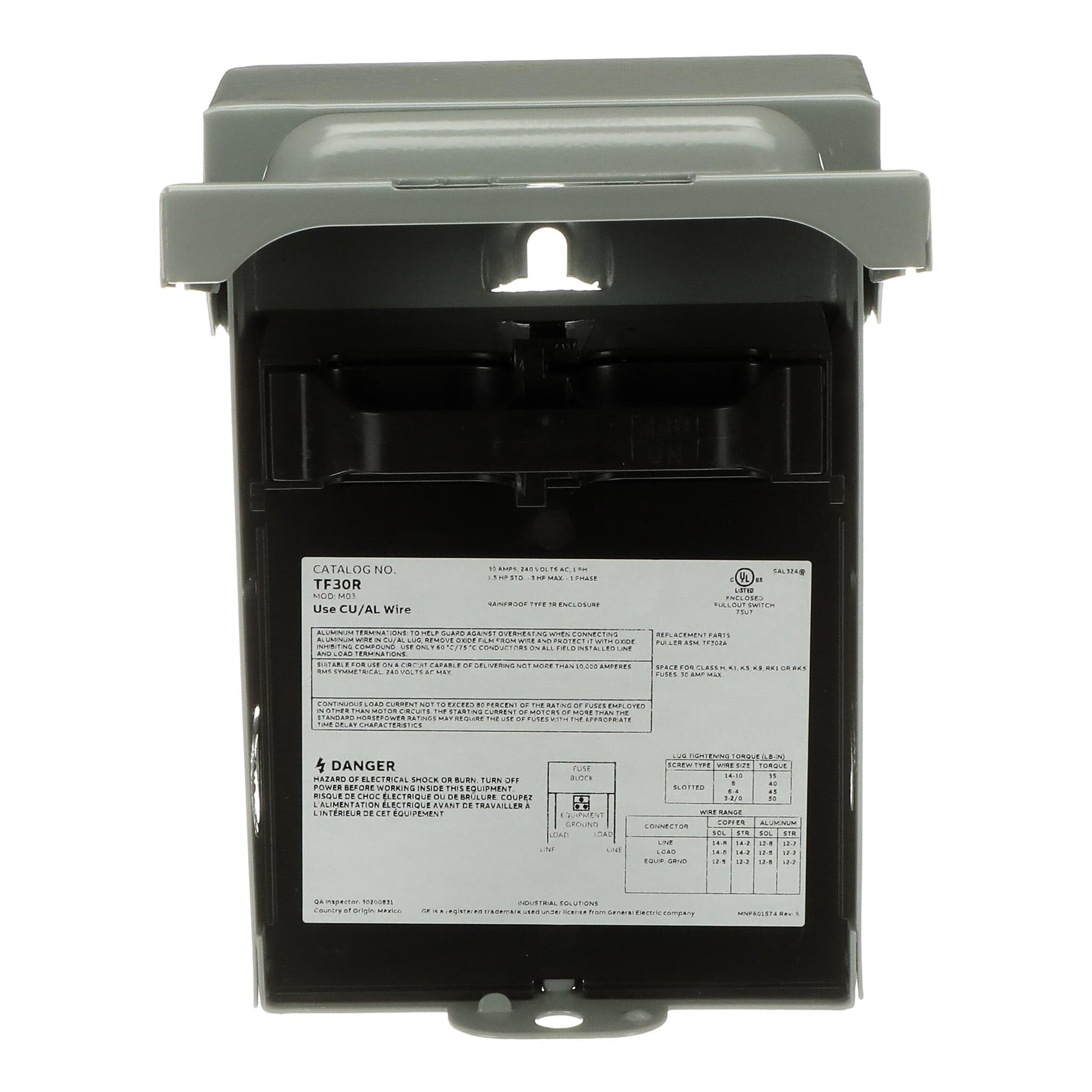 ABB TF30RCP • Weatherproof Fused AC Disconnect Switch • AC Disconnect 30A 240V • 1 Phase N3R • Horsepower Rated • 10kAIC