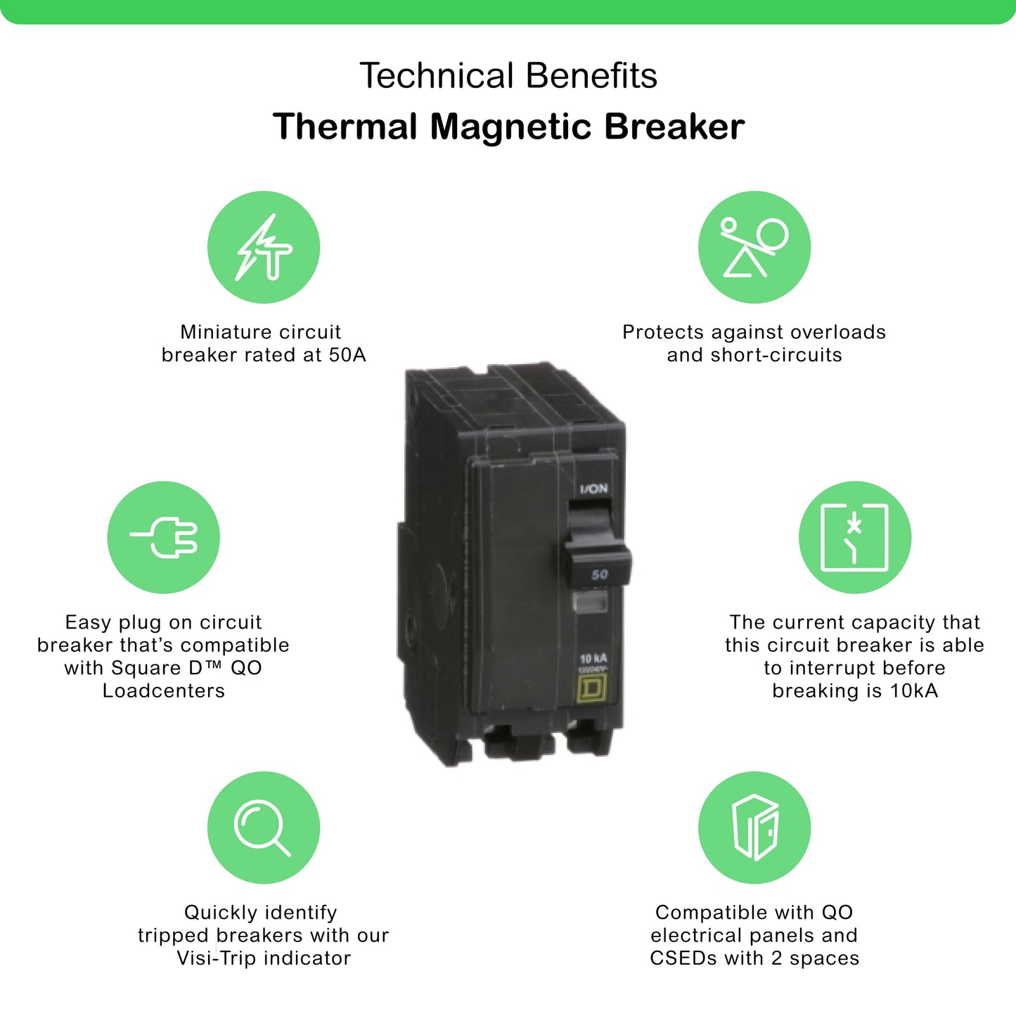 Square D by Schneider Electric Qwik Open 50 Amp Mini Circuit Breaker, 2 Pole, 120/240V AC, 10kA Breaking Capacity, Plug in Mount, Commercial and Residential Use, 5-Pack (QO250CP)