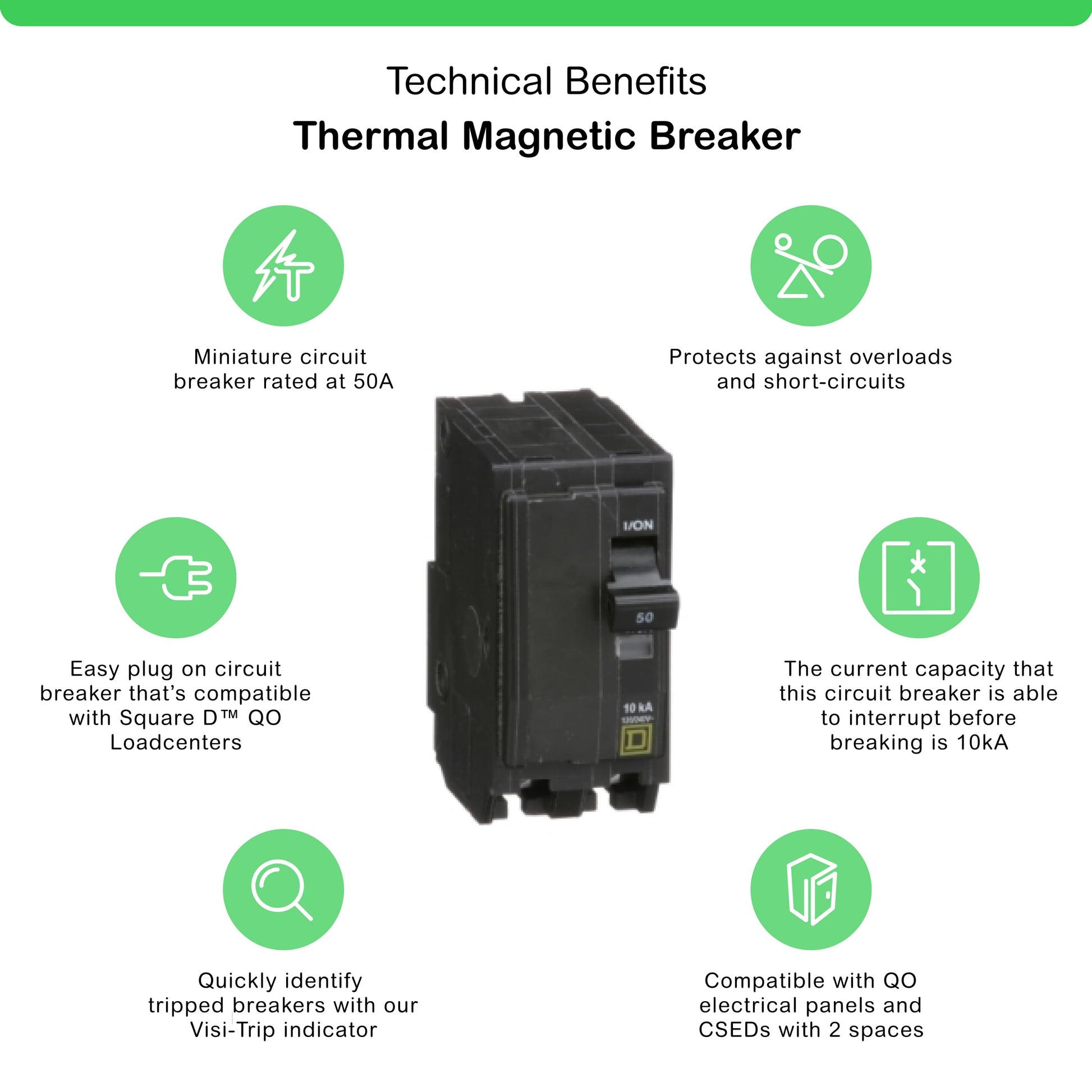 Square D by Schneider Electric Qwik Open 50 Amp Mini Circuit Breaker, 2 Pole, 120/240V AC, 10kA Breaking Capacity, Plug in Mount, Commercial and Residential Use, 5-Pack (QO250CP)