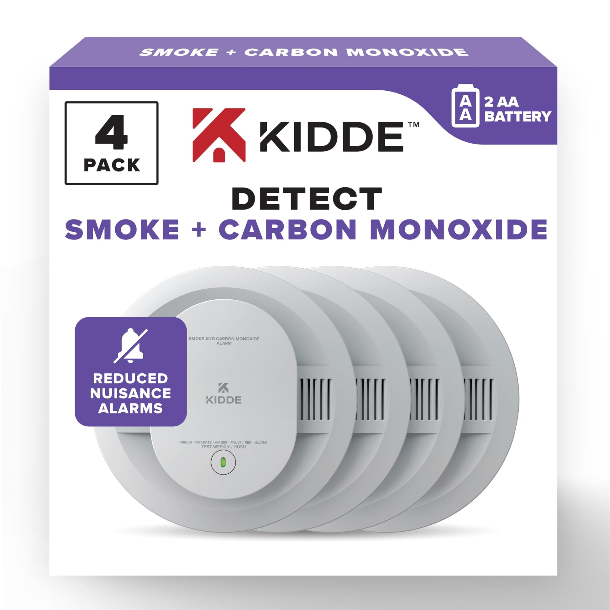 Kidde Smoke and Carbon Monoxide Detector, AA Battery Powered with LED Status Lights, 85 dB Alarm, 5 inches, 30CUDR, 4 Pack