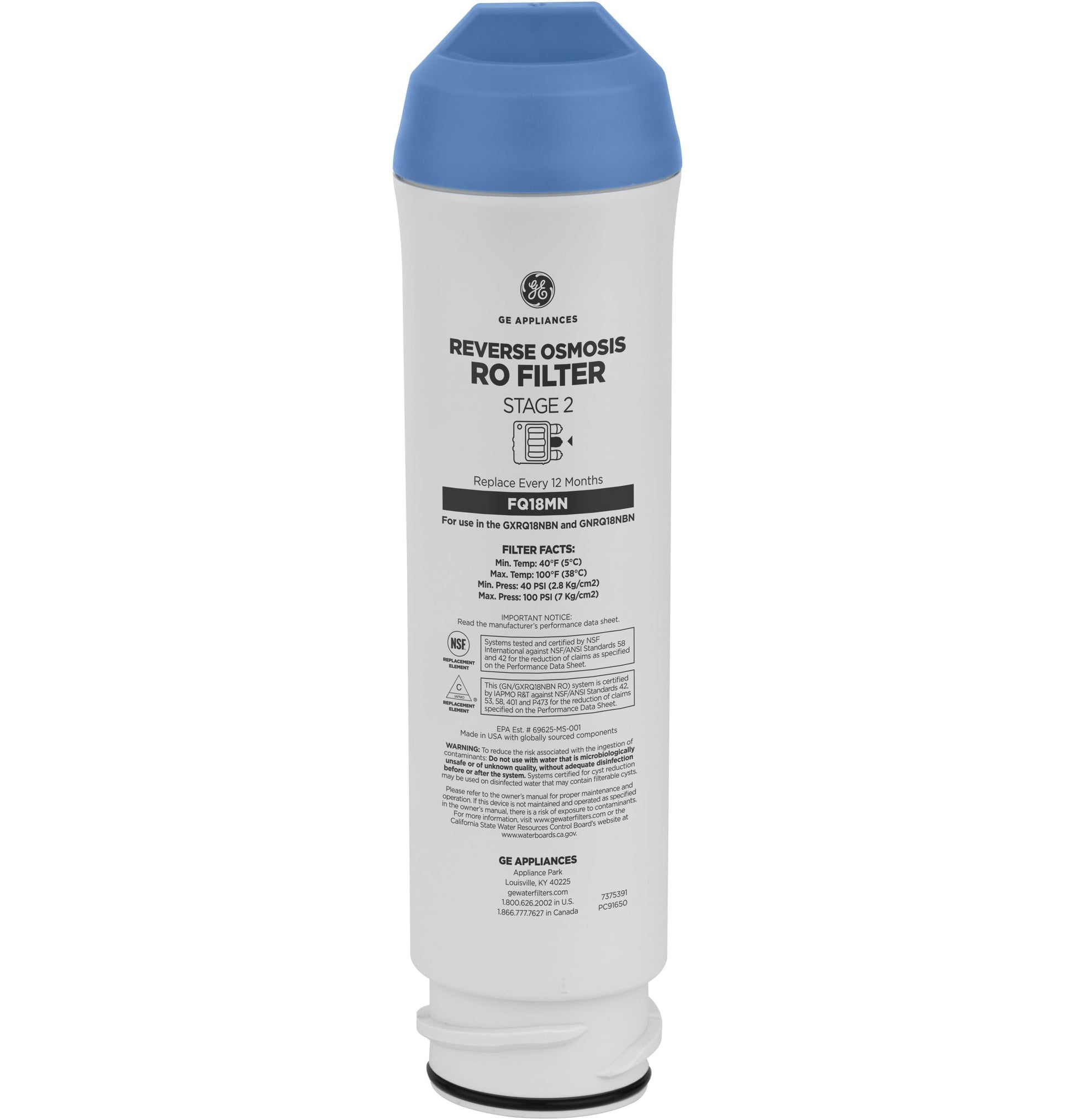 GE Membrane Filter Compatible with Select GE Under Sink Filtration Systems Including GXRQ18NBN, GNRQ18NBN, GXRV40TBN, Replace Every 12 Months, FQ18MN