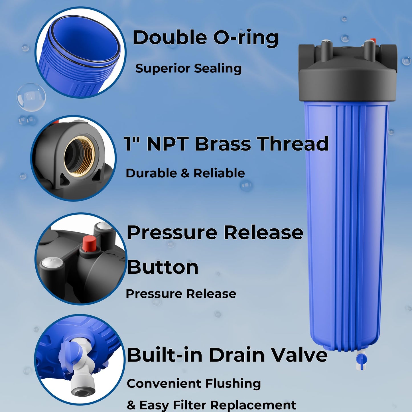 Purcooflow 20" x 4.5" Whole House Water Filter Housing with Bottom Drain Port - 1" NPT Brass Ports, BPA-Free Blue Sump, Double O-Ring Leak-Proof - Fits All Standard 20x4.5 Filters