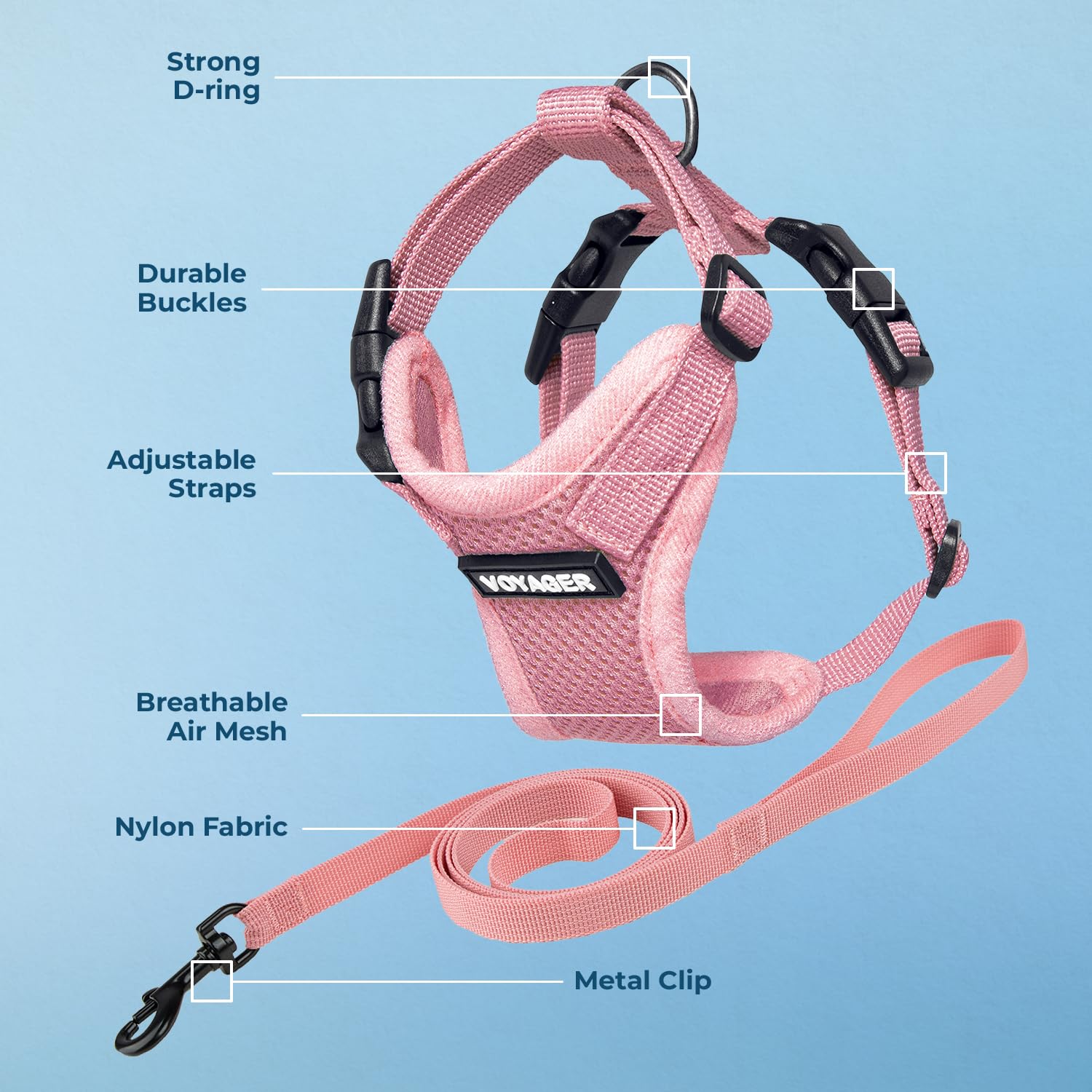 Voyager Escape-Proof Step-in Lock Cat Harness & 5ft Neoprene-Handle Leash Set All-Weather Mesh with Reflective Stitching for Small to Large Cats by Best Pet Supplies, Pink, XXS