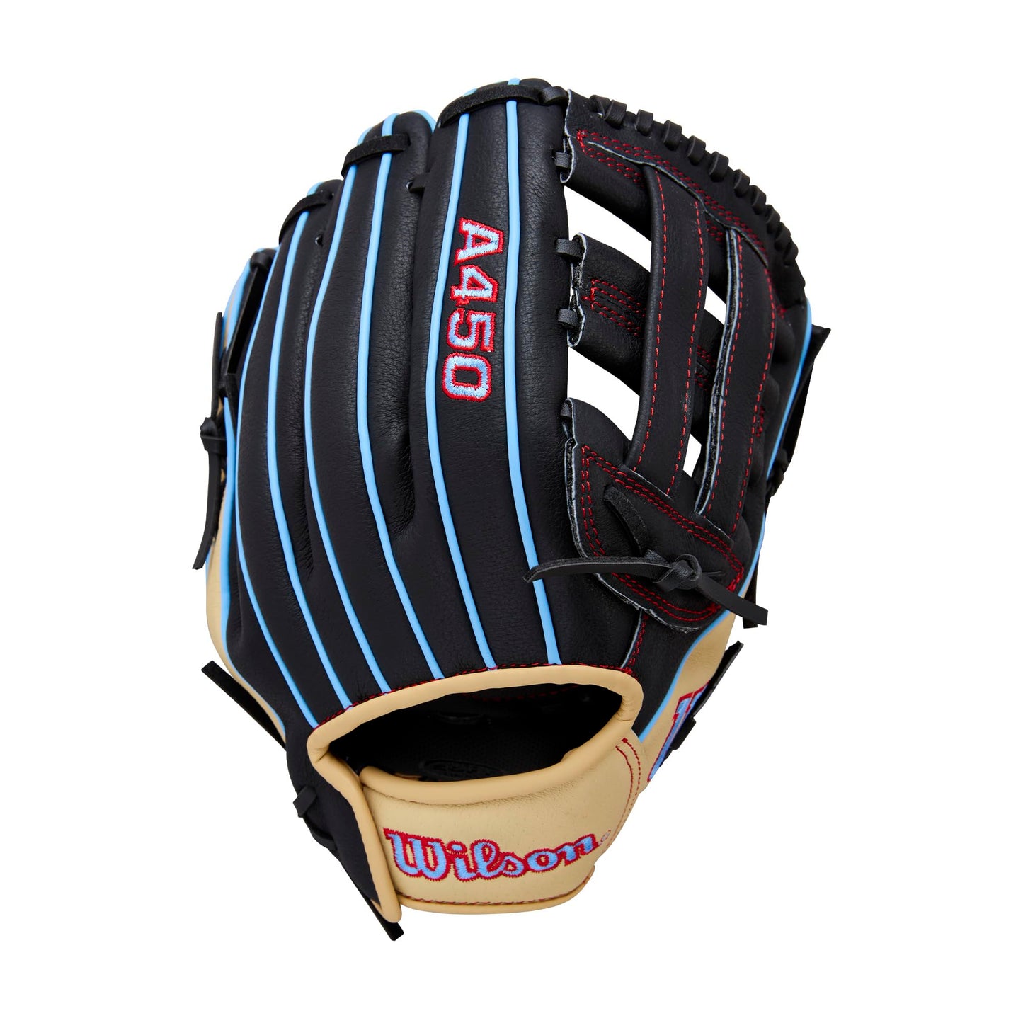 Wilson 2026 A450 11" Infield Baseball Glove - Left Hand Throw, Black/Cool Blue/Red