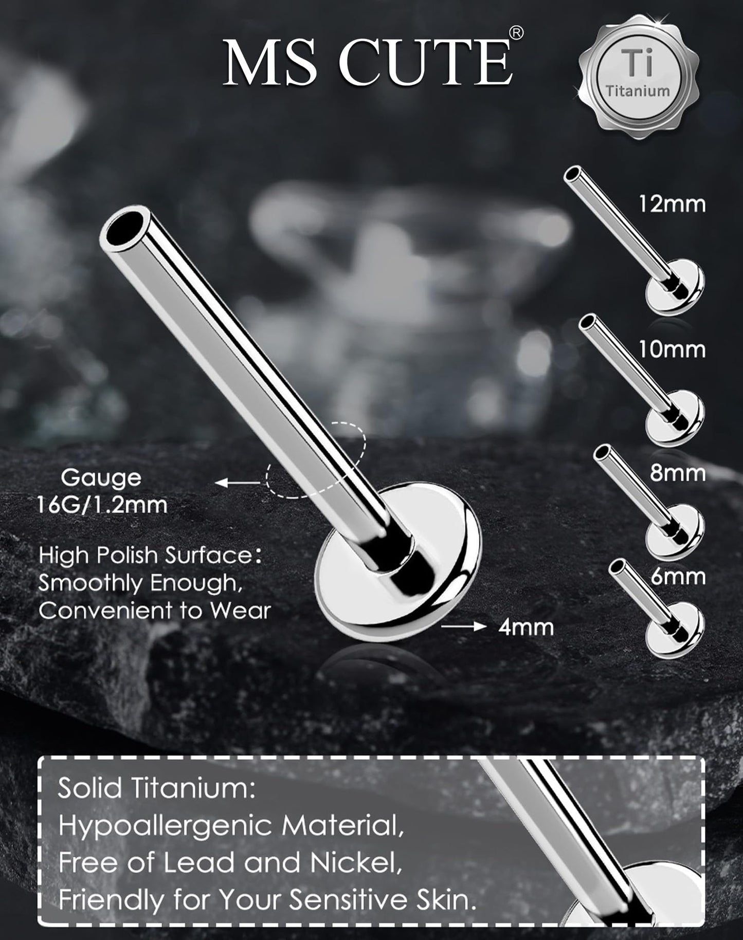 MS CUTE 2Pcs Tragus Piercing Jewelry, Threadless G23 Solid Titanium 16G Replacement Post Bar of Flat Back Earrings in Helix Cartilage Tragus Earrings for Women Men-Silver 8MM