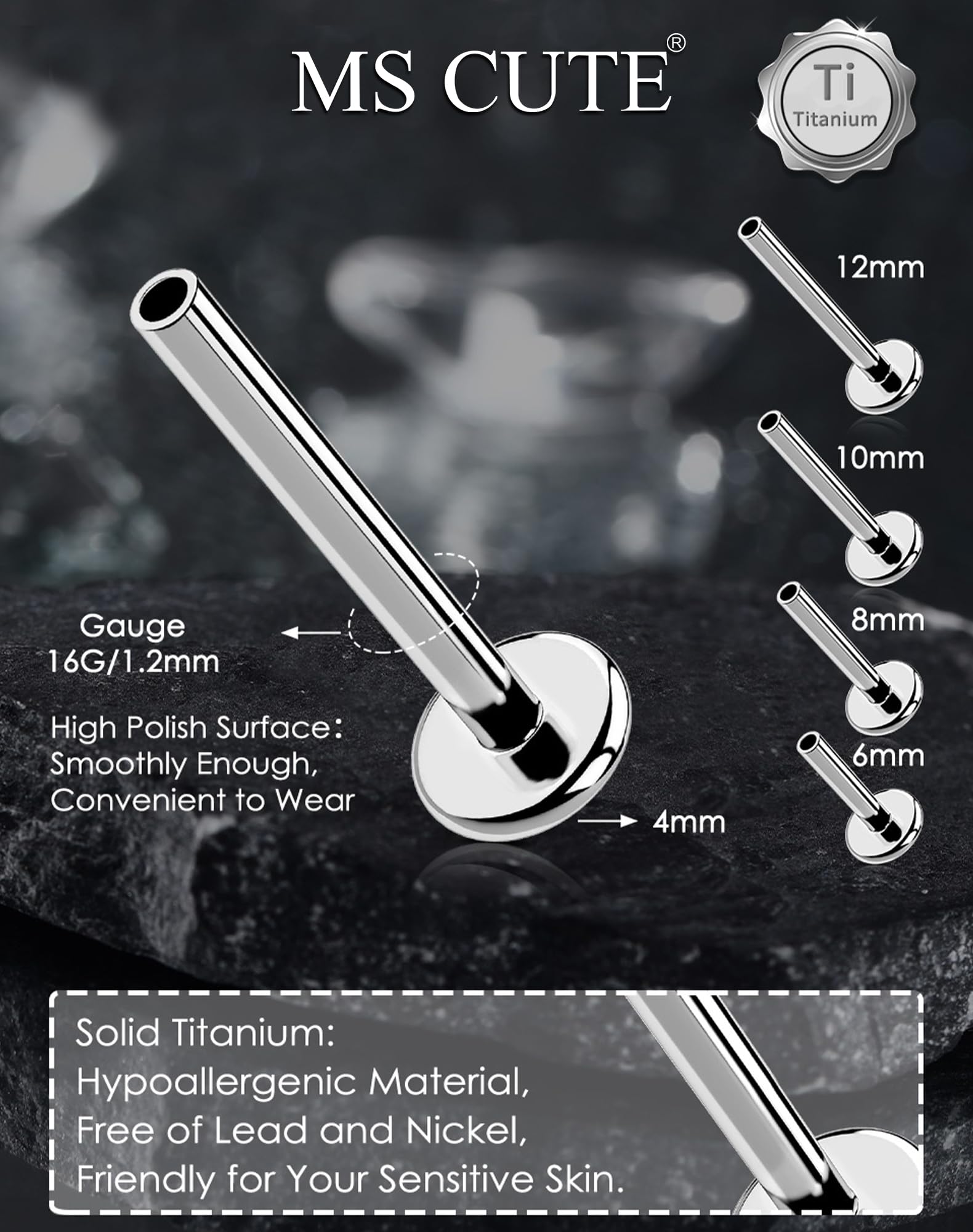 MS CUTE 2Pcs Tragus Piercing Jewelry, Threadless G23 Solid Titanium 16G Replacement Post Bar of Flat Back Earrings in Helix Cartilage Tragus Earrings for Women Men-Silver 8MM