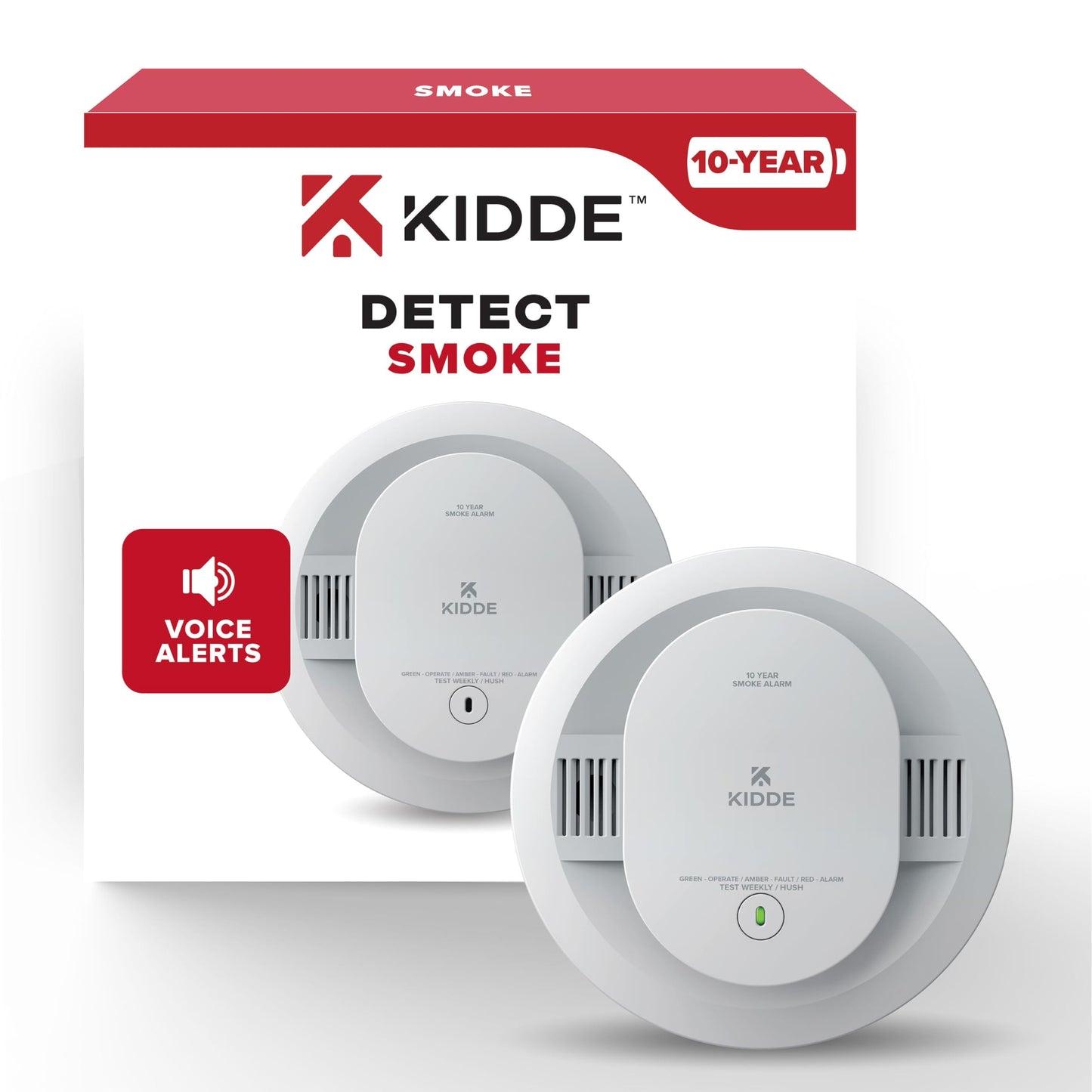 Kidde Smoke Detector, 10-Year Battery Powered, with Voice Alerts, LED Status Lights, 85 dB Alarm, 5-inches, 20SD10-V, 1 Pack