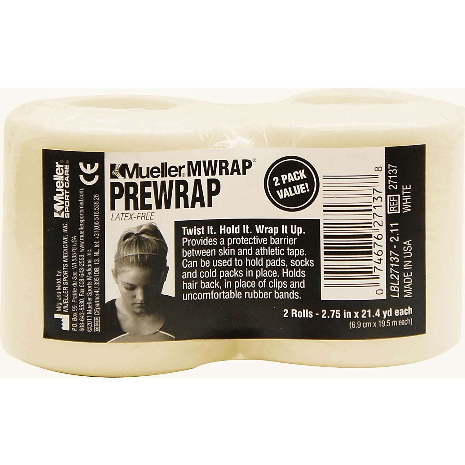 MUELLER Sports Medicine MWrap, Pre Wrap, Athletic Tape Underwrap for Sports, Hair, Ankles, Wrist, Hands and Knees, Water-Resistant, Latex Free, 2.75" x 21.4 Yards Per Roll, 2 Rolls, Natural