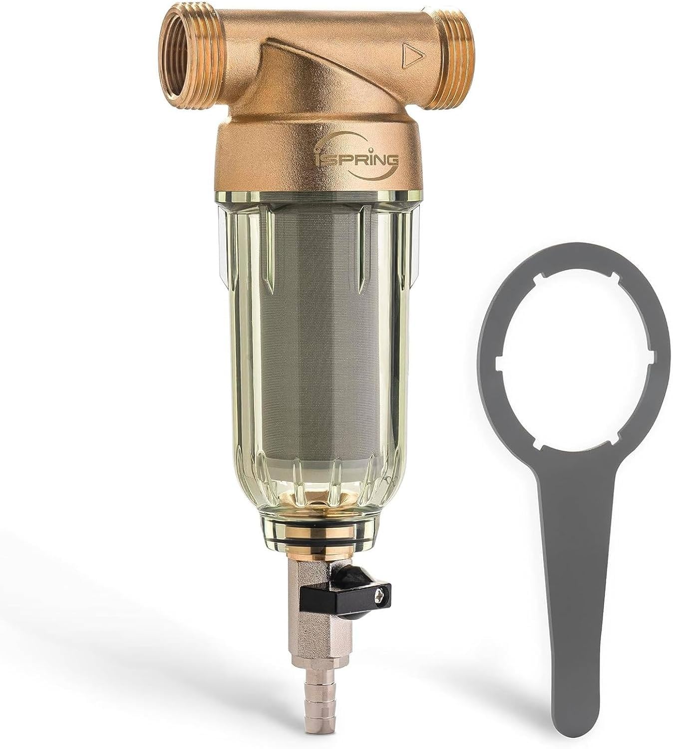 iSpring WSP-50 Spin Down Sediment Water Filter, Whole House Reusable Flushable Prefilter for Well Water, 50-Micron, 1" MNPT + 3/4" FNPT, Lead-Free Brass