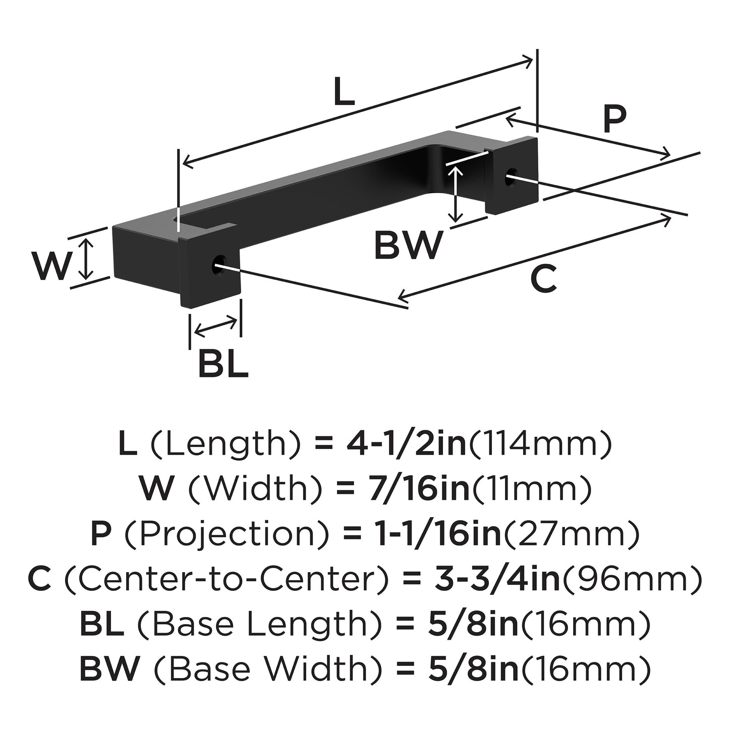 Amerock 10BX37031MB | Matte Black Cabinet Pull | 3-3/4 inch (96mm) Center-to-Center | 10 Pack | Bridgeport | Furniture Hardware