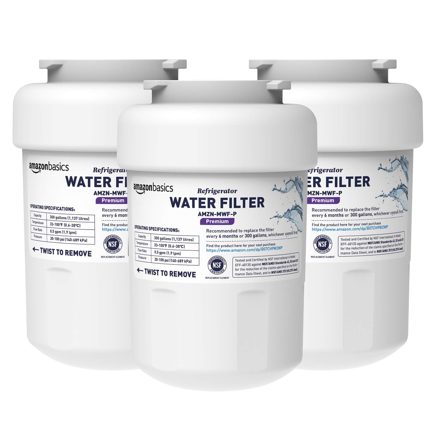Amazon Basics Replacement Water Filter Cartridge Compatible with GE MWF Refrigerator, NSF Certified, No Leaks, Fits Perfectly, Compatible with GE and Kenmore, 3-Pack