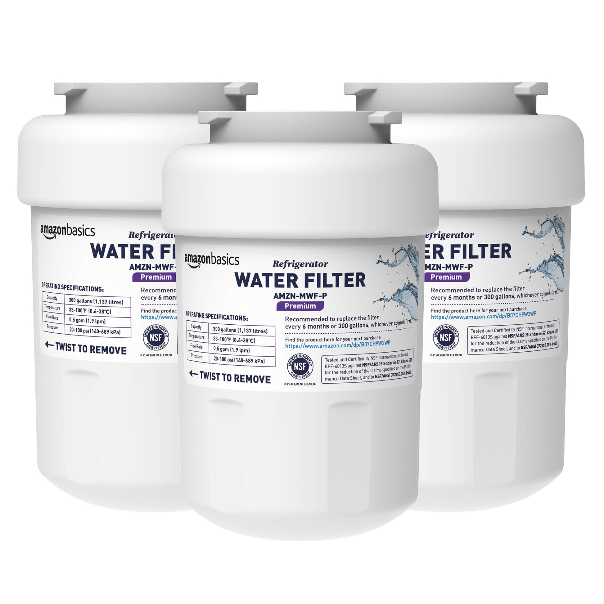 Amazon Basics Replacement Water Filter Cartridge Compatible with GE MWF Refrigerator, NSF Certified, No Leaks, Fits Perfectly, Compatible with GE and Kenmore, 3-Pack