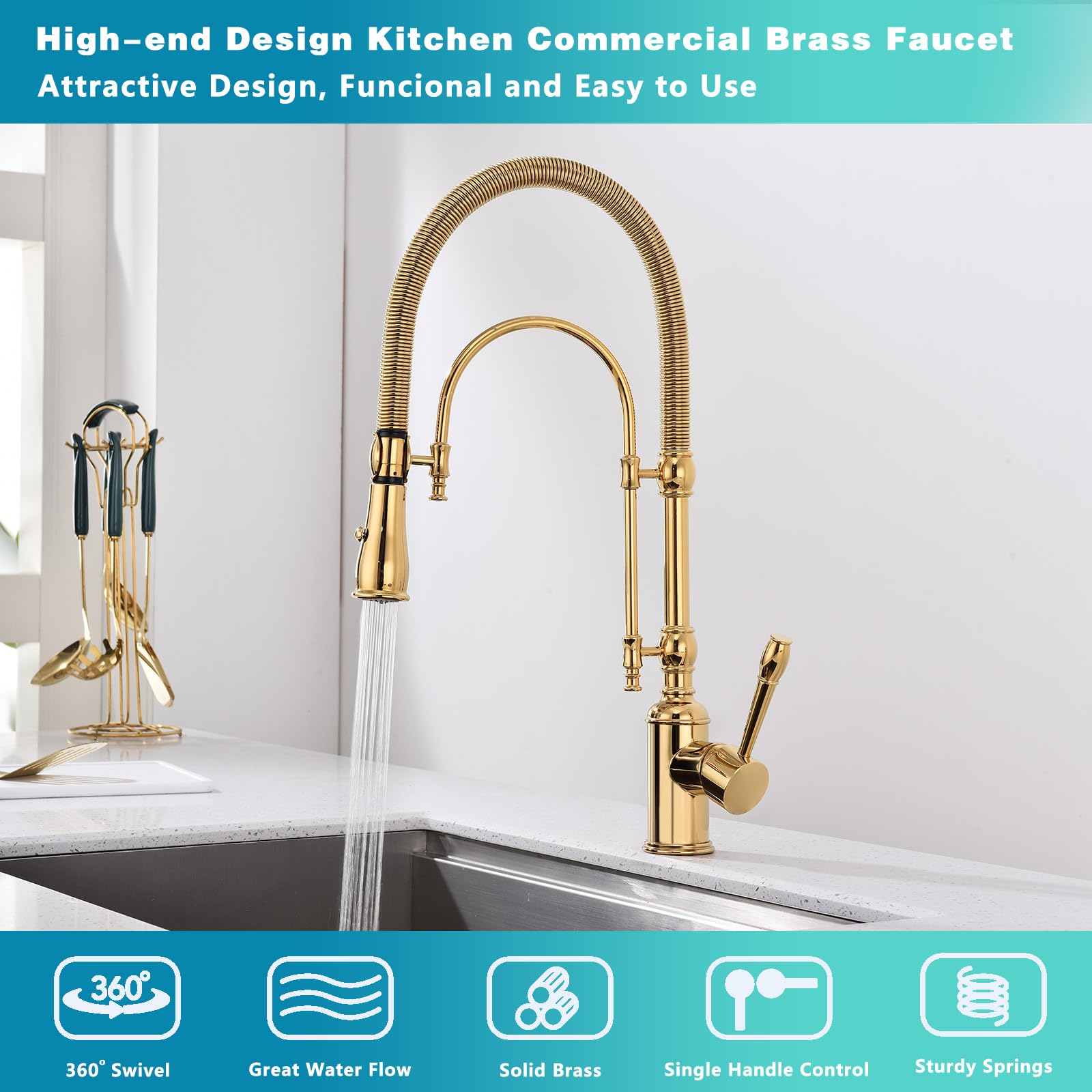 GICASA Copper Kitchen Faucet, Single Handle, 360 Swivel High Arc Kitchen Sink Faucet, Gold Pull Down Kitchen Faucet Solid Brass Handle