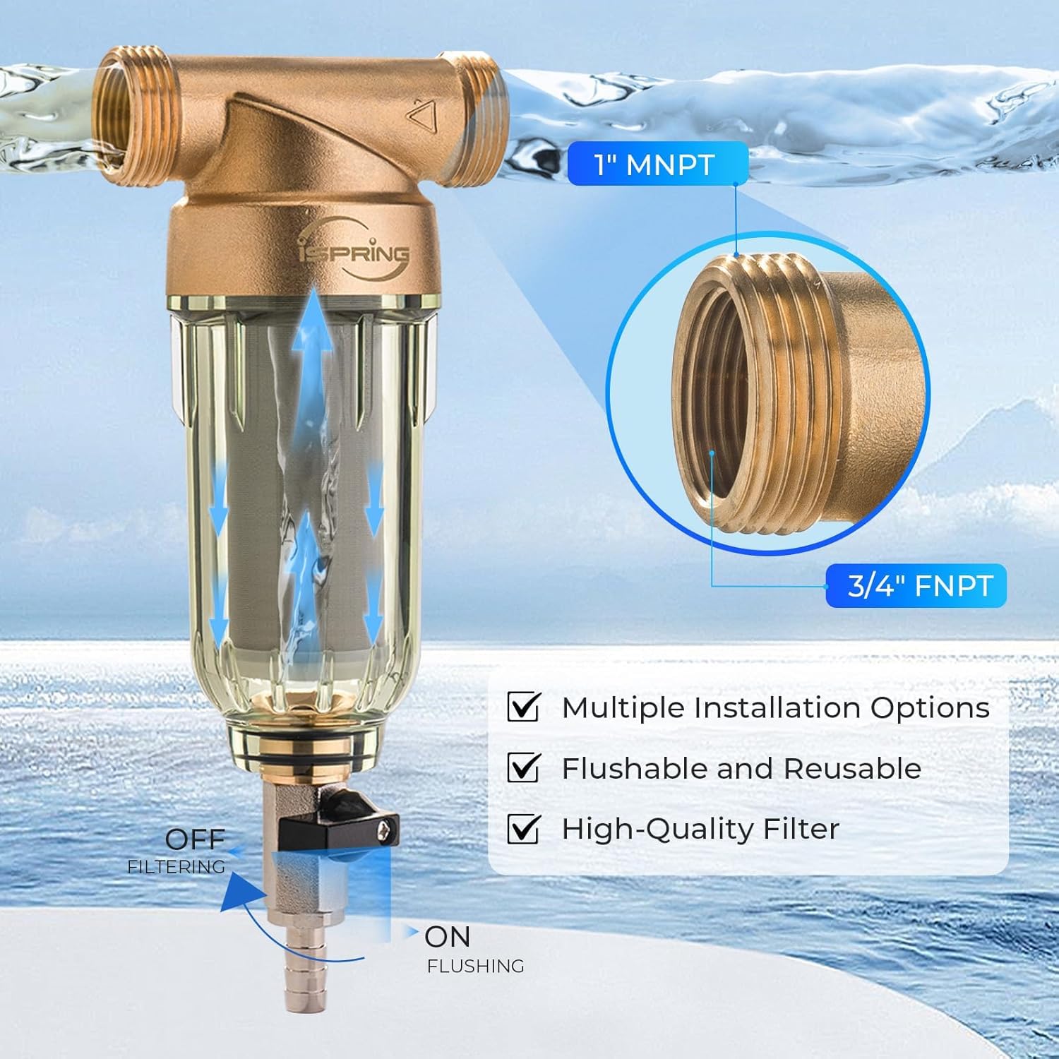 iSpring WSP-50 Spin Down Sediment Water Filter, Whole House Reusable Flushable Prefilter for Well Water, 50-Micron, 1" MNPT + 3/4" FNPT, Lead-Free Brass