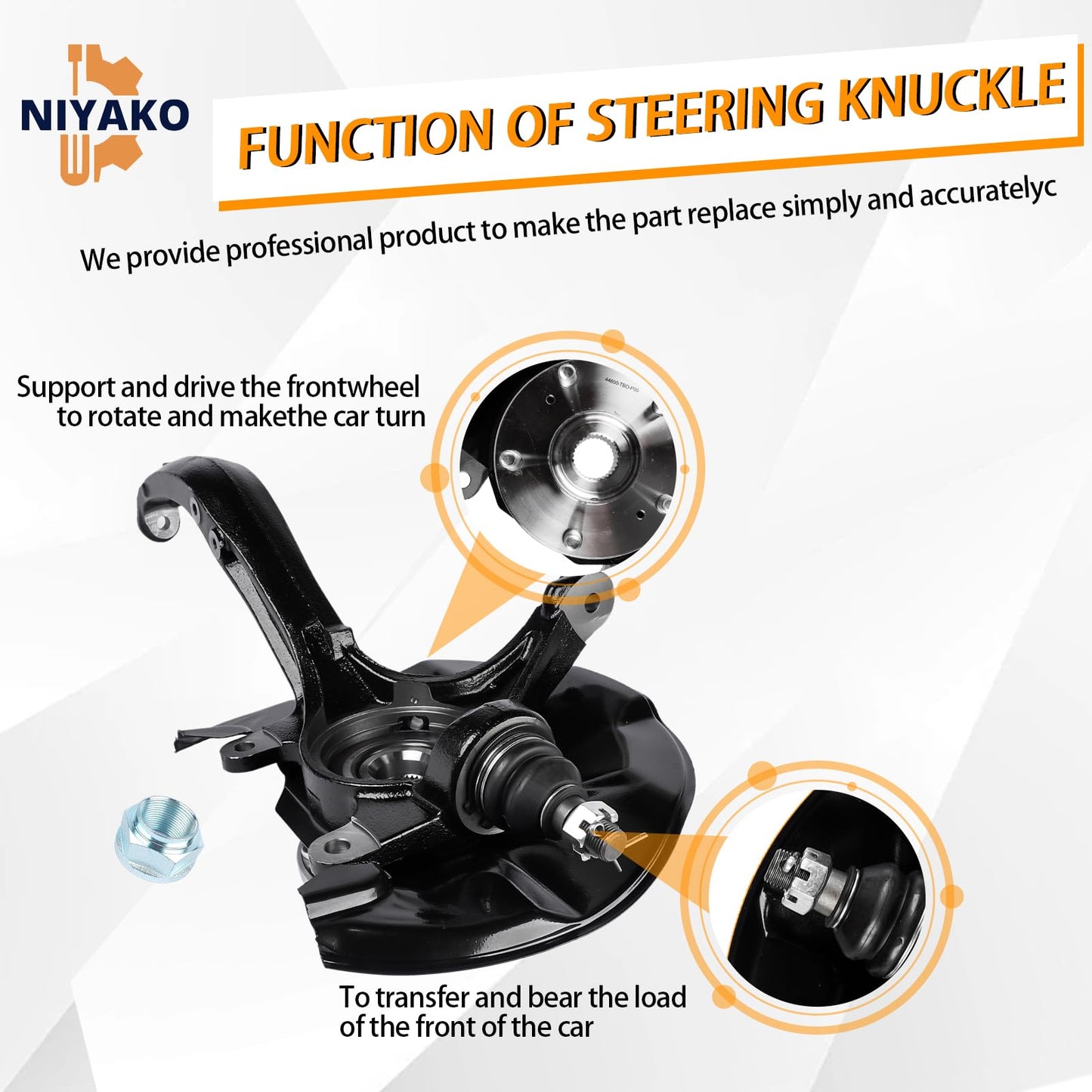 Niyako Front Passenger Side Steering Knuckle & Wheel Bearing Hub Assembly Replacement# 698-446 698446 LK052 Fit 2008-2012 Accord