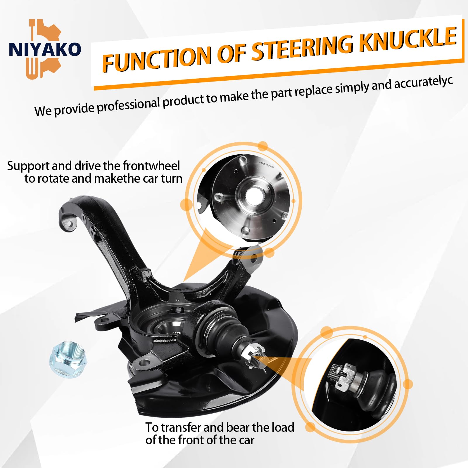 Niyako Front Passenger Side Steering Knuckle & Wheel Bearing Hub Assembly Replacement# 698-446 698446 LK052 Fit 2008-2012 Accord