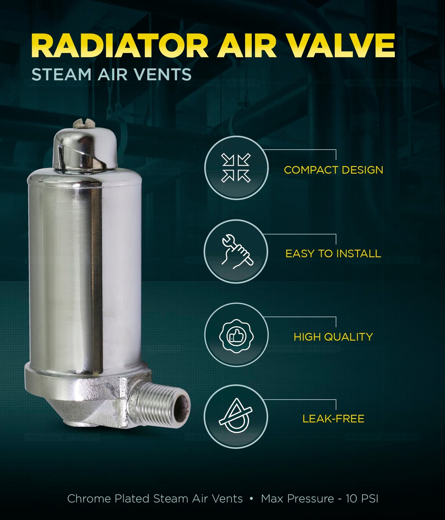 Midline Valve 6J3I5 Steam Radiator Air Vent; Heat Regulator Valve; Angle Adjustable Mount; 1/8 in. MIP; Chrome Plated Steel