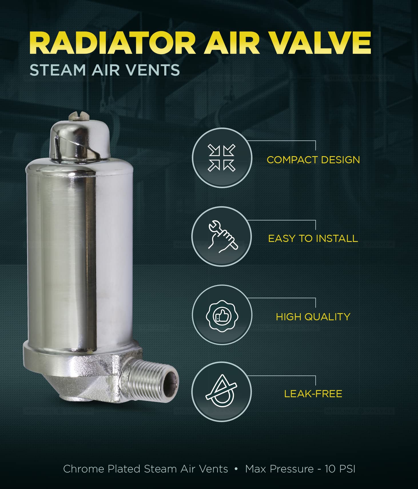 Midline Valve 6J3I5 Steam Radiator Air Vent; Heat Regulator Valve; Angle Adjustable Mount; 1/8 in. MIP; Chrome Plated Steel