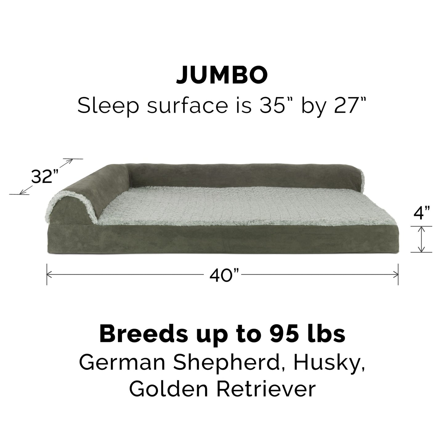 Furhaven Replacement Dog Bed Cover Two-Tone Faux Fur & Suede L Shaped Chaise, Machine Washable - Dark Sage, Jumbo (X-Large)