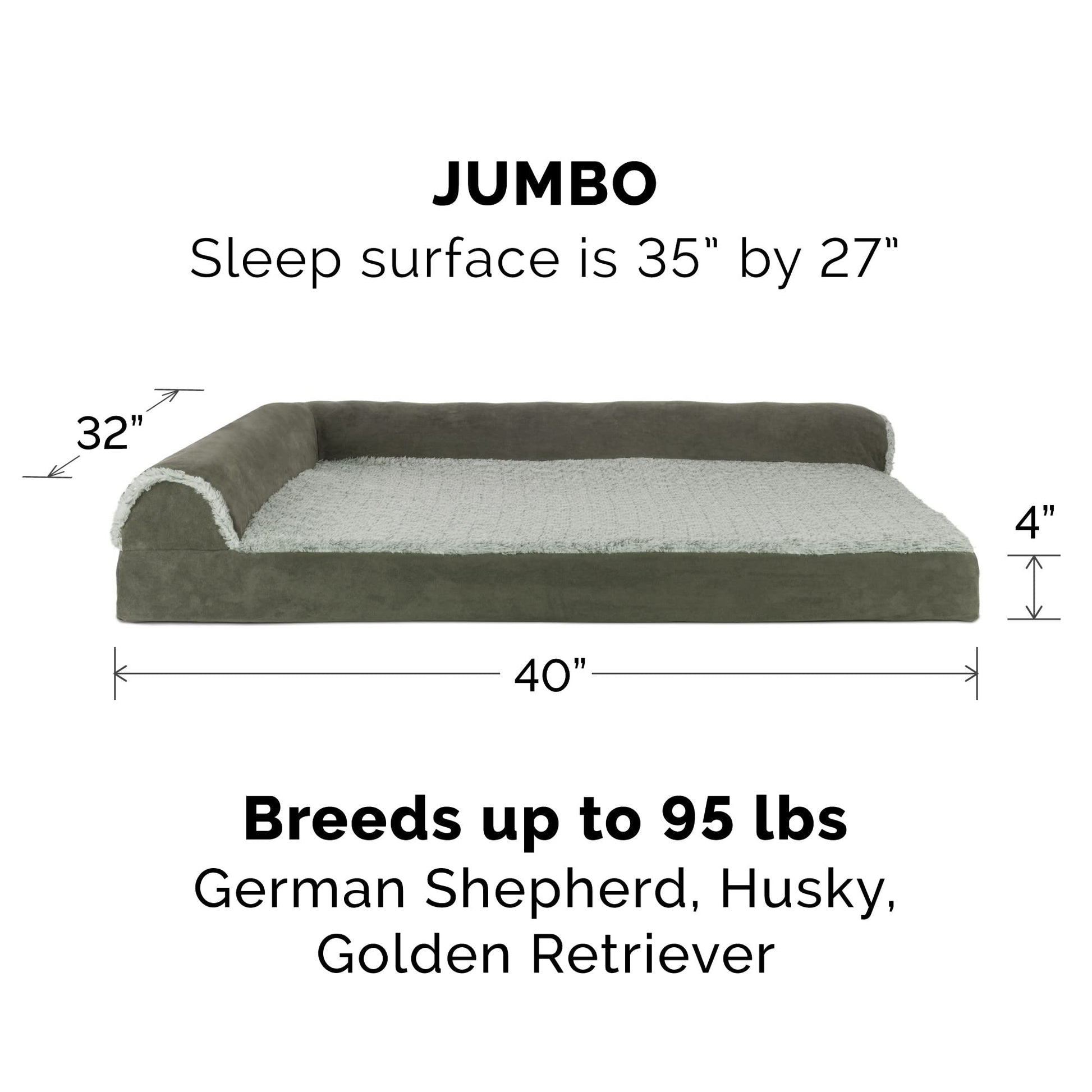 Furhaven Replacement Dog Bed Cover Two-Tone Faux Fur & Suede L Shaped Chaise, Machine Washable - Dark Sage, Jumbo (X-Large)