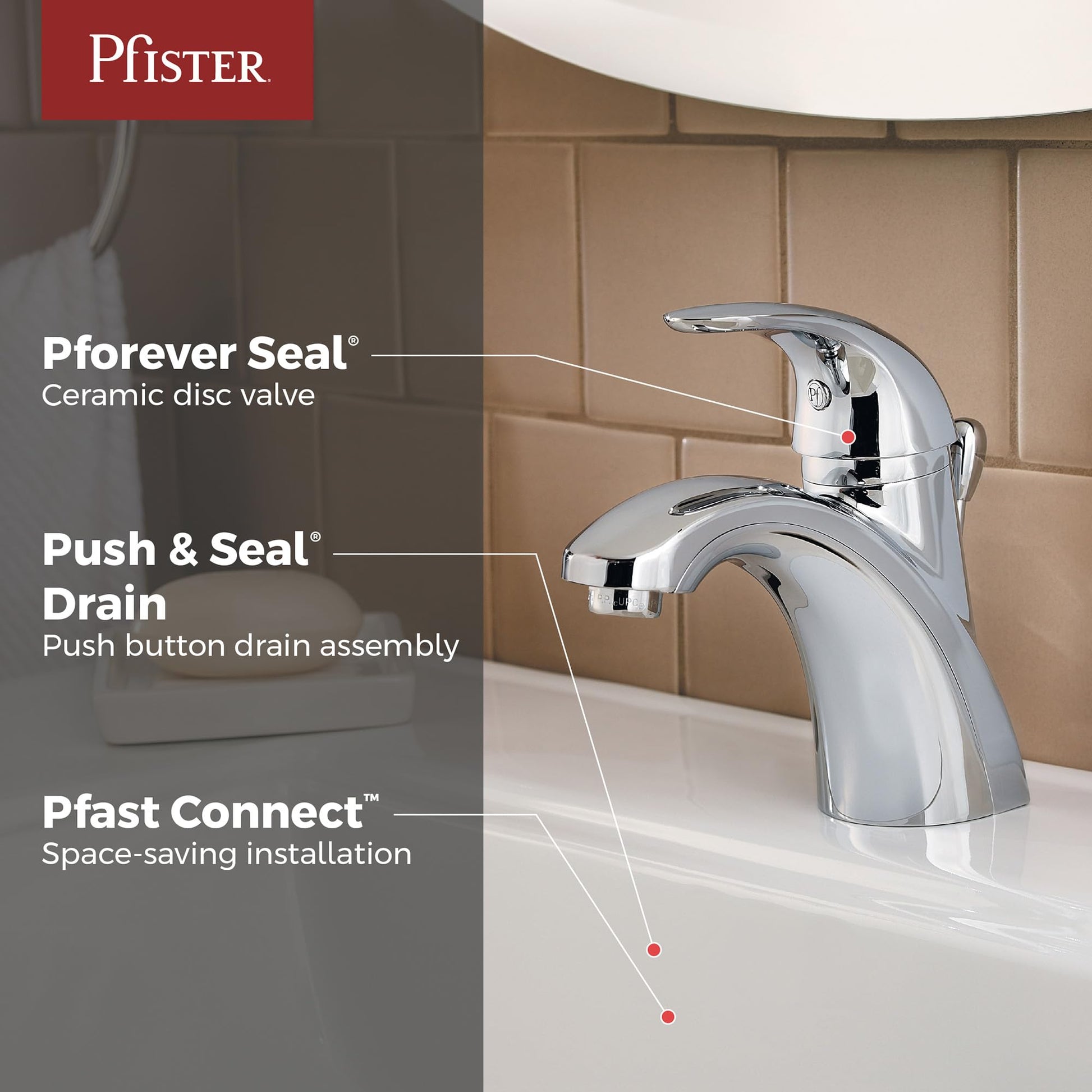 Pfister Parisa Single Handle Bathroom Sink Faucet 1 Hole Polished Chrome Finish with Push & Seal Drain WaterSense Certified Ceramic Disc Valve Technology LF042PRCC