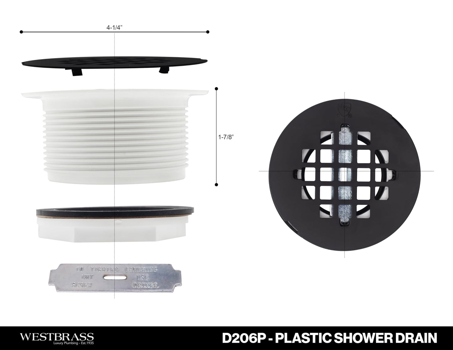 Westbrass D206P-07 2" No-Caulk PVC Compression Shower Drain with 4-1/4" Round Grid Cover, Satin Nickel