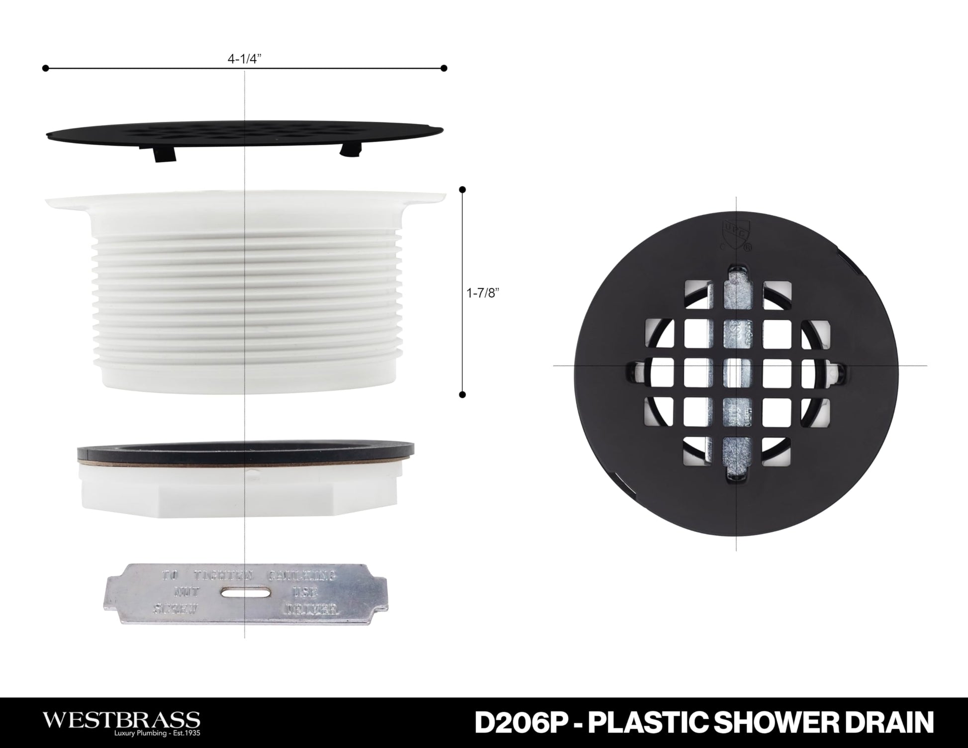 Westbrass D206P-07 2" No-Caulk PVC Compression Shower Drain with 4-1/4" Round Grid Cover, Satin Nickel