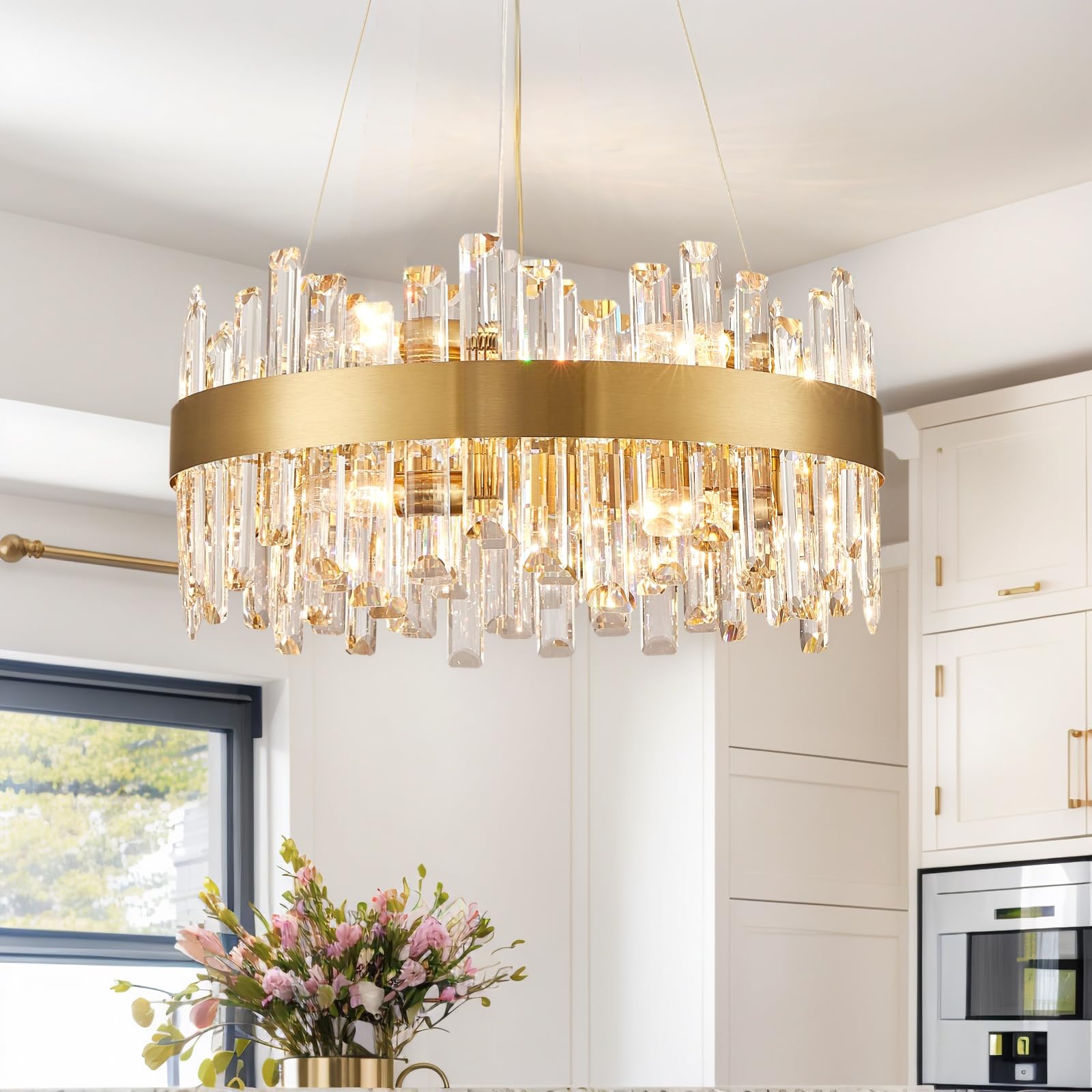 CROSSIO Modern Crystal Chandelier, 12 Lights Luxury Gold Round 2-Tiers K9 Crystal Raindrop Chandelier, Dimmable Crystal Ceiling Light for Dining Room Living Room Kitchen Entryway Foyer D19.7''