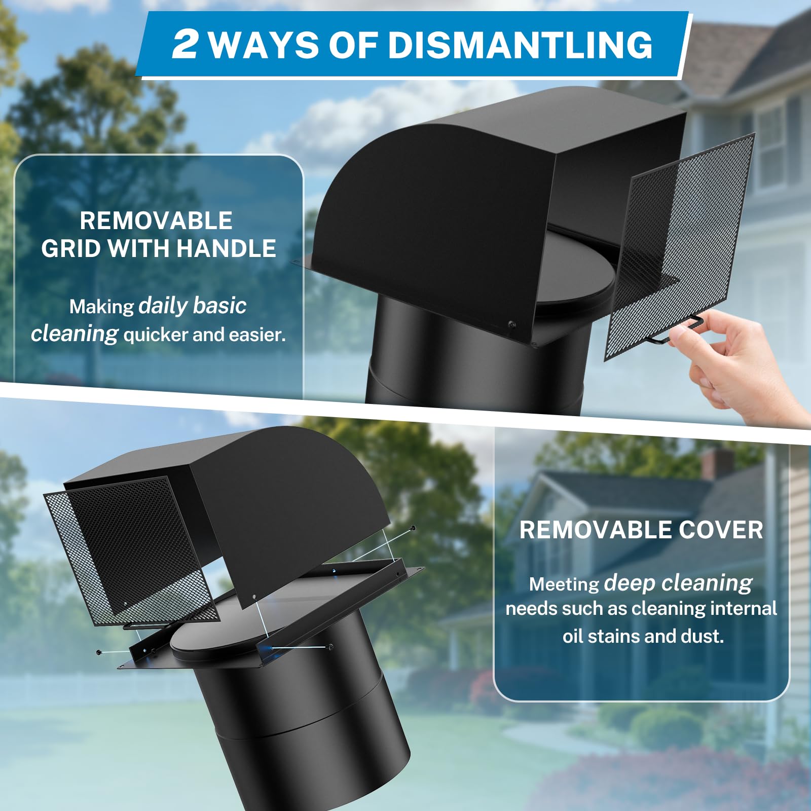 [Upgraded] Hon&Guan 8 Inch Hooded Wall Vent with Magnetic Seal Flap and Removable Mesh,Arc-Shaped 8'' Exhaust Wall Vent Cover Cap for Kitchen Range Hood/Dryer/Bathroom Exhaust (Galvanized Steel,Black)