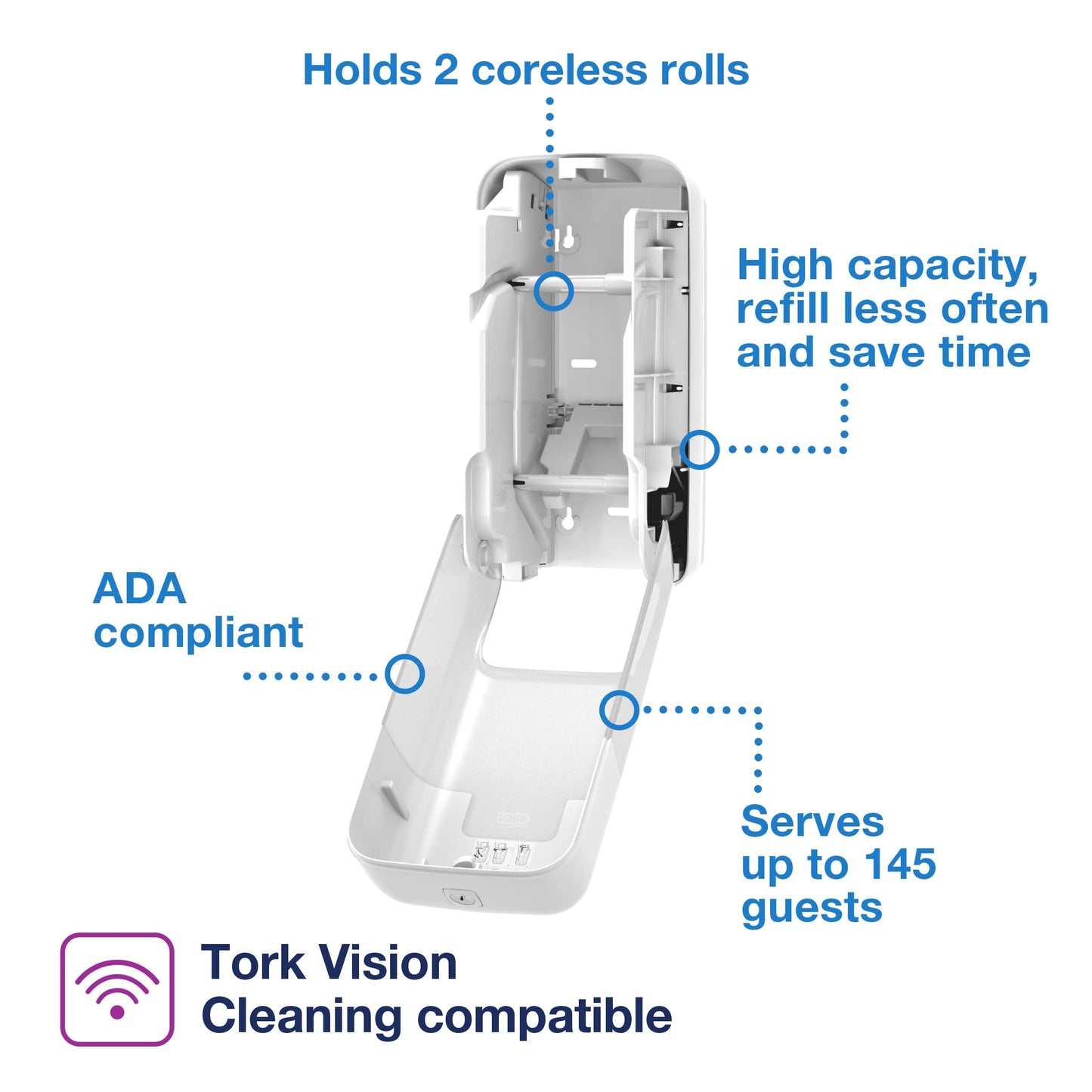 Tork OptiServe 2-Roll Coreless Toilet Paper Dispenser White T7/T5, Vertical Dispenser, Elevation Design, 473520