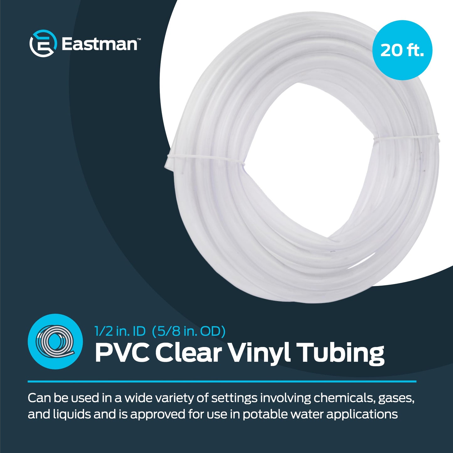Eastman 1/2 Inch ID (5/8 Inch OD) PVC Clear Vinyl Tubing, 20 Foot Length, 98622