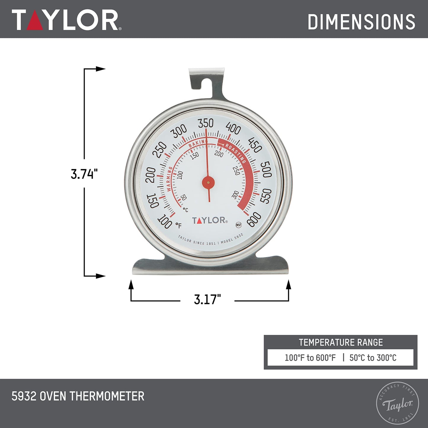 Taylor 5932 Large Dial Oven Thermometer 2 Pack, 3.25 Inch Stainless Steel Kitchen Cooking Thermometer for Oven, BBQ, Grill, Roasting, High Heat Resistance, Silver