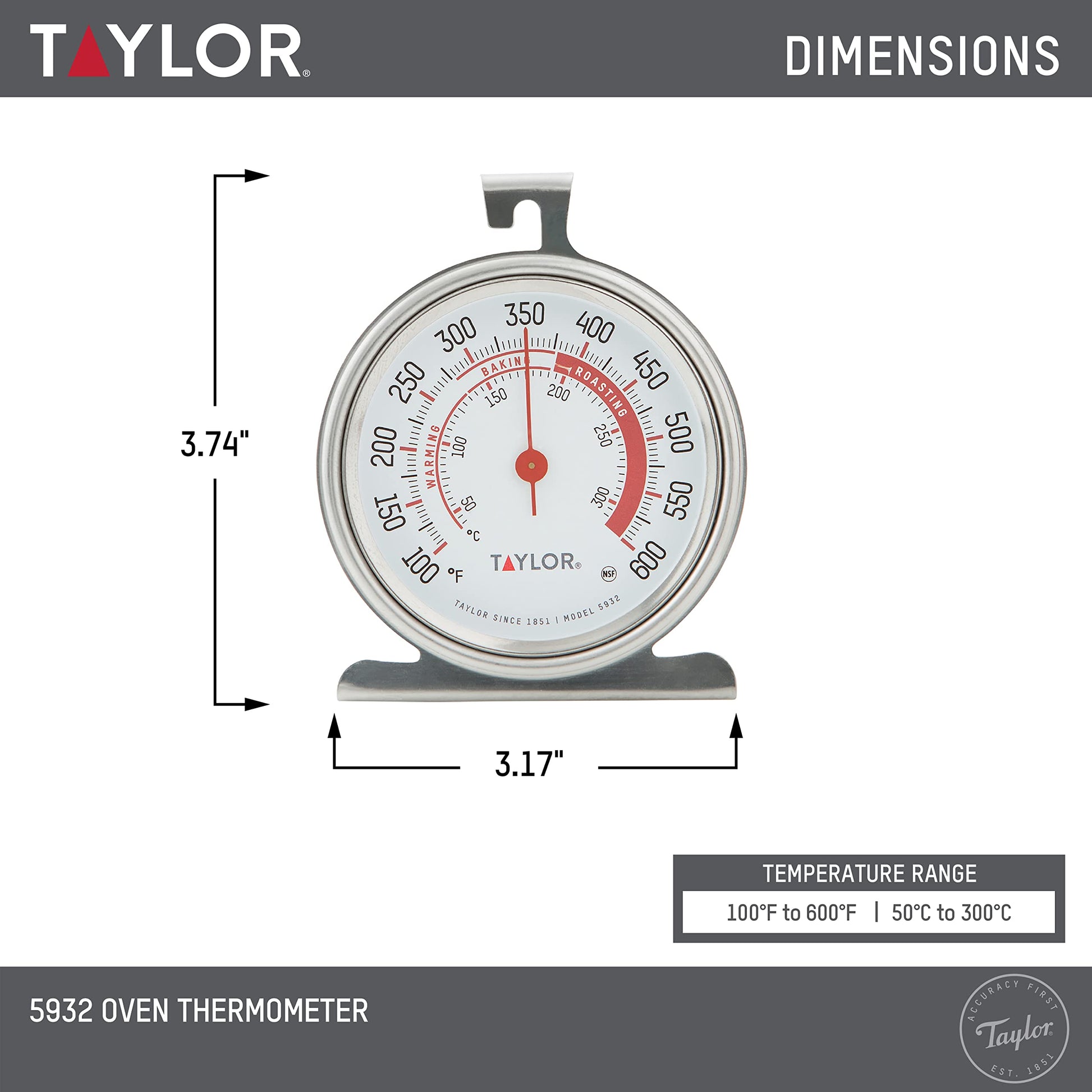 Taylor 5932 Large Dial Oven Thermometer 2 Pack, 3.25 Inch Stainless Steel Kitchen Cooking Thermometer for Oven, BBQ, Grill, Roasting, High Heat Resistance, Silver