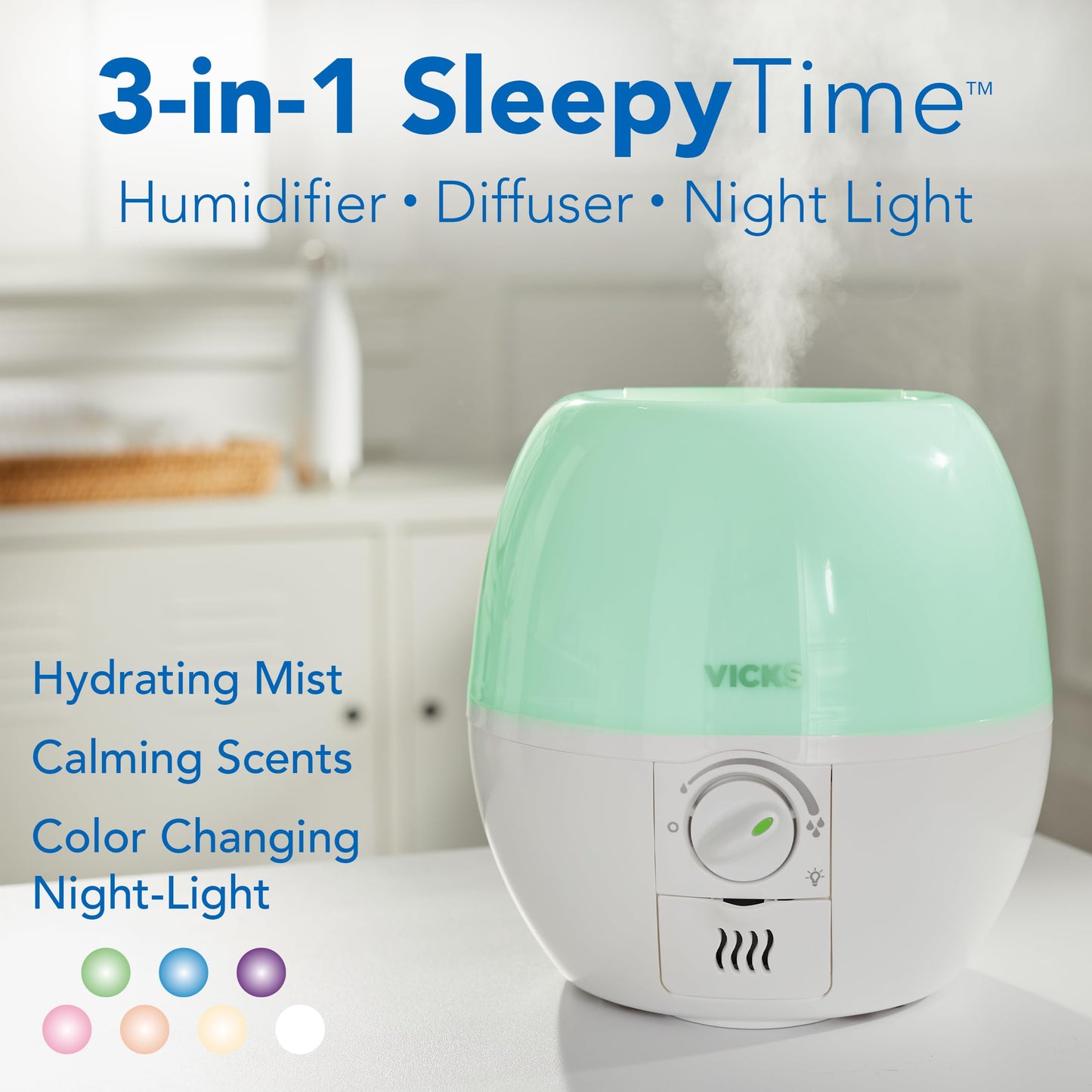 Vicks Humidifier 3-in-1 SleepyTime Cool Mist Humidifier for Baby & Kids Rooms with Color Changing Night Light and Essential Oil Diffuser, White
