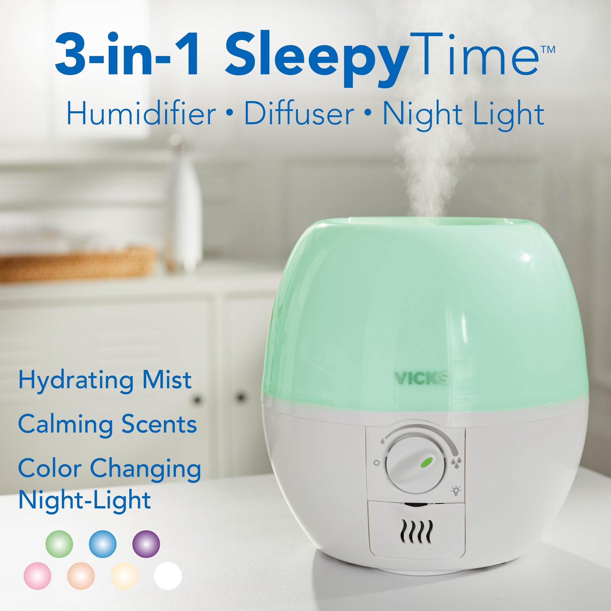 Vicks Humidifier 3-in-1 SleepyTime Cool Mist Humidifier for Baby & Kids Rooms with Color Changing Night Light and Essential Oil Diffuser, White
