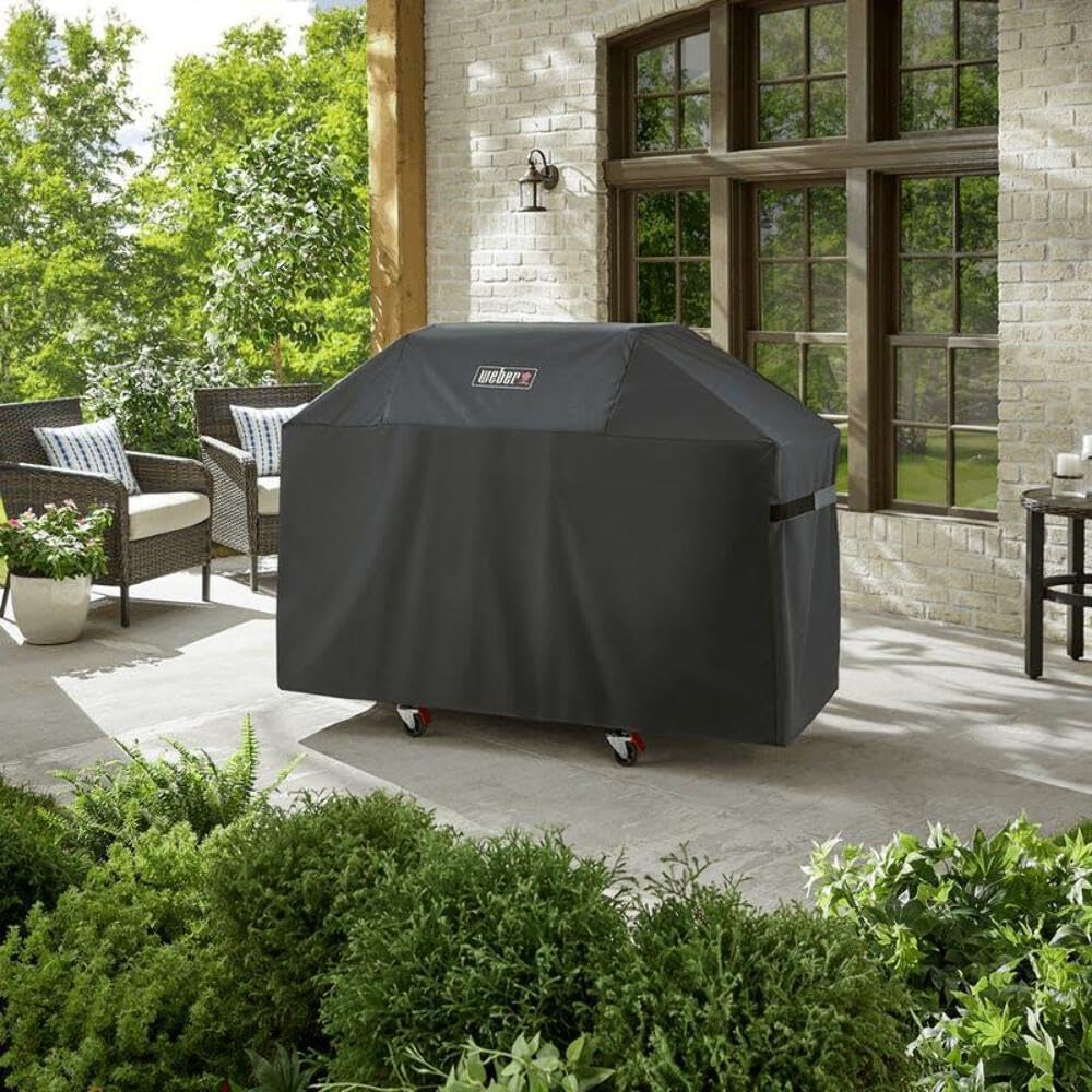 Weber Premium Outdoor Grill Cover – Water‑Resistant Weather‑Protective Grill Cover for Genesis 300 Series (3 Burners) Gas Grills, Durable Black Fabric with Secure Fastening Straps - Grill Accessories