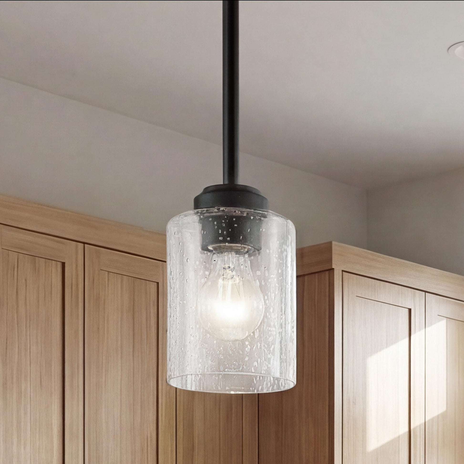 Kichler Winslow 1-Light Mini Pendant Light Fixture with Clear Seeded Glass in Black for Kitchen Island, Bar, Laundry Sink, Hanging Ceiling Light (7.5" x 4.25"), 44032BK