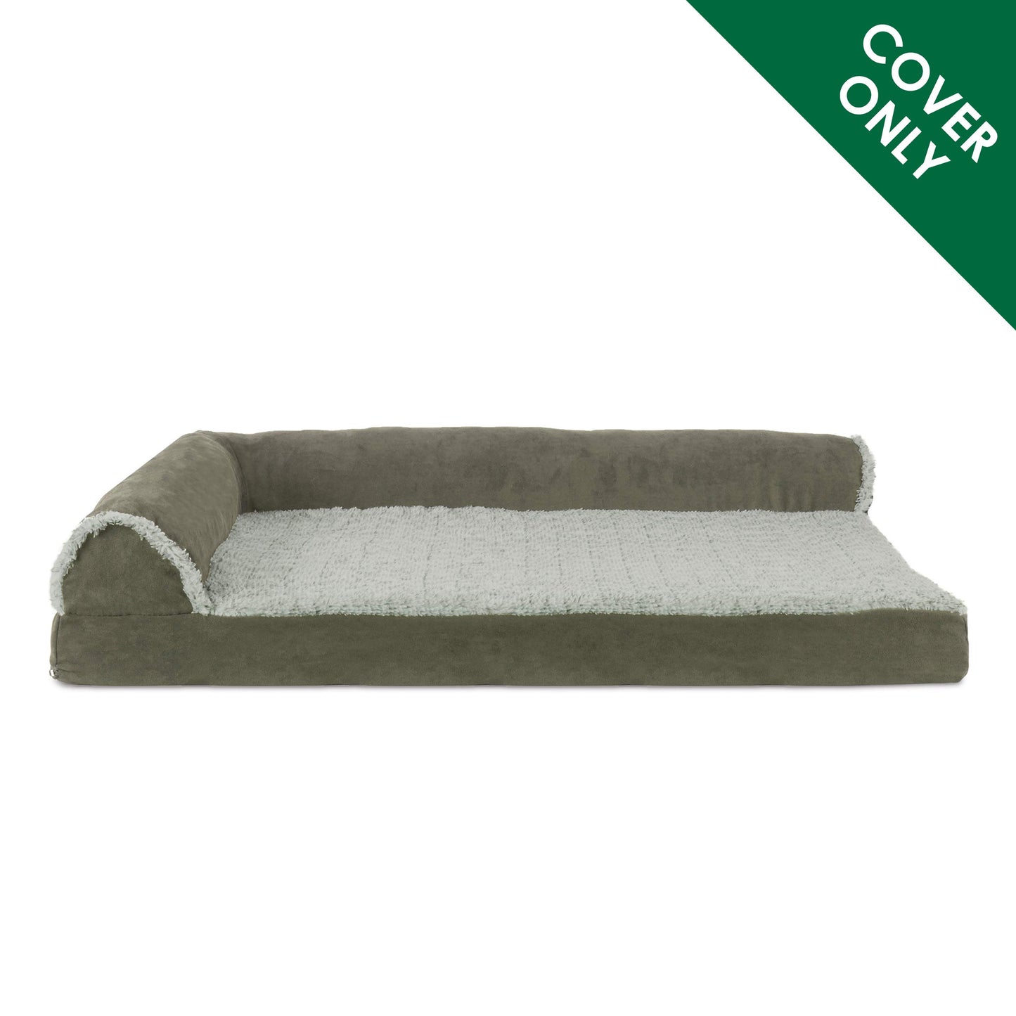 Furhaven Replacement Dog Bed Cover Two-Tone Faux Fur & Suede L Shaped Chaise, Machine Washable - Dark Sage, Jumbo (X-Large)