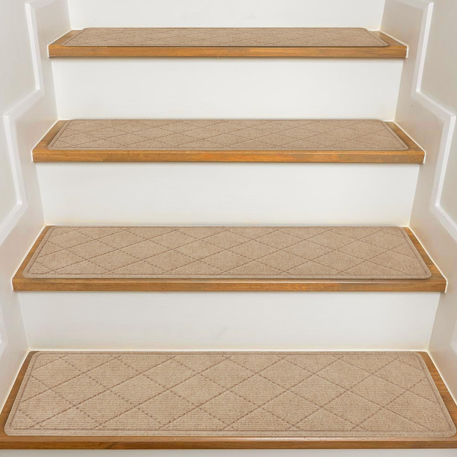 KOOTETA Stair Treads for Wooden Steps Indoor, 8" X 30" Non Slip Carpet Stair Treads with Reusable Adhesive for Kids Elders and Dogs, Surface Polyester TPR Backing Stair Rugs, 4 Pack Beige