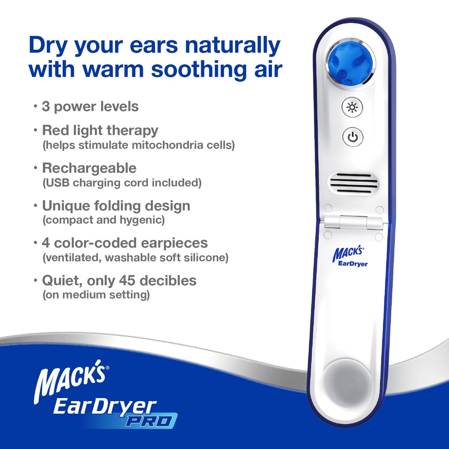 Mack's Ear Dryer PRO Rechargeable Warm Air Ear Water Drying Aid with Red Light Therapy and 3 Power Levels for Swimmers' Ears, Showering, Water Sports, Surfing, Scuba, and Hearing Aids