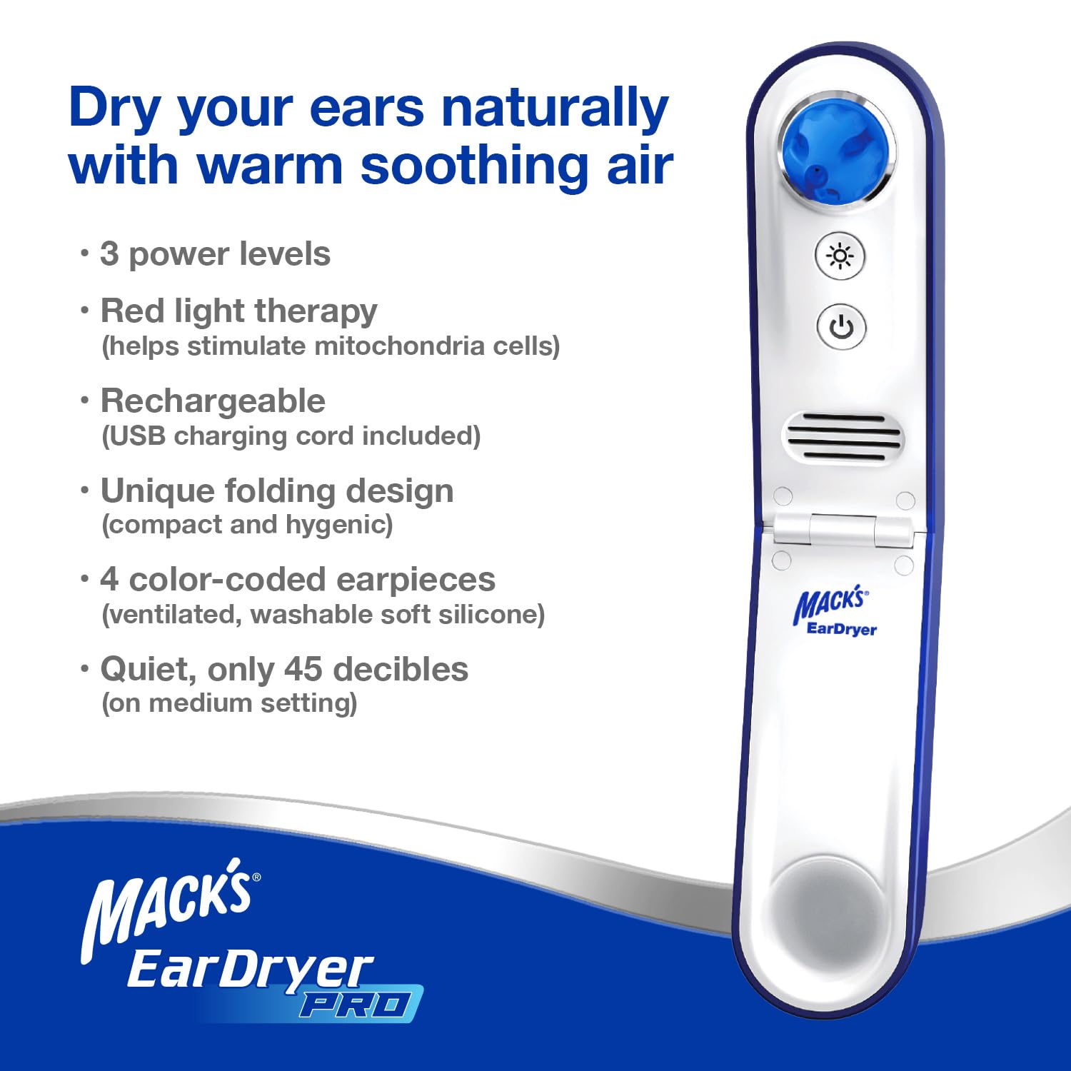 Mack's Ear Dryer PRO Rechargeable Warm Air Ear Water Drying Aid with Red Light Therapy and 3 Power Levels for Swimmers' Ears, Showering, Water Sports, Surfing, Scuba, and Hearing Aids