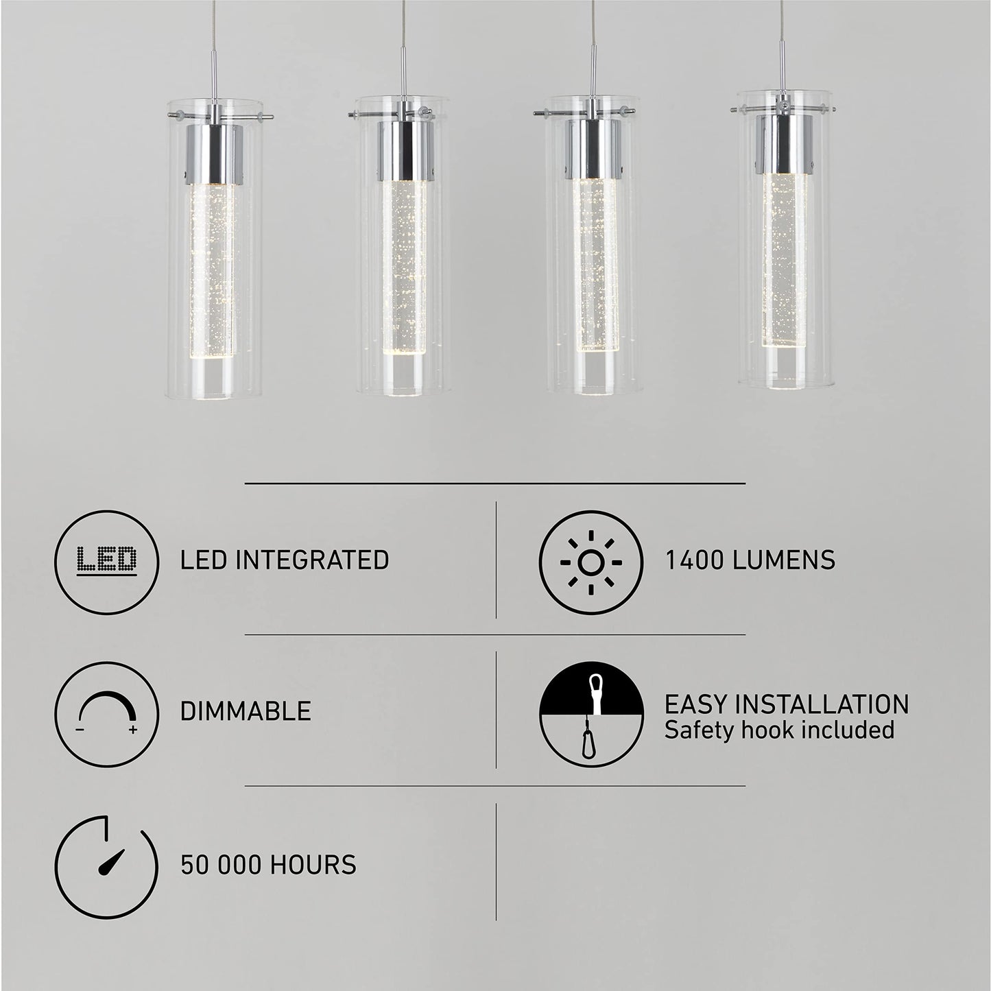 Artika OME59B-HD2 4-Pendant Dimmable Light Fixture, Chrome Plated