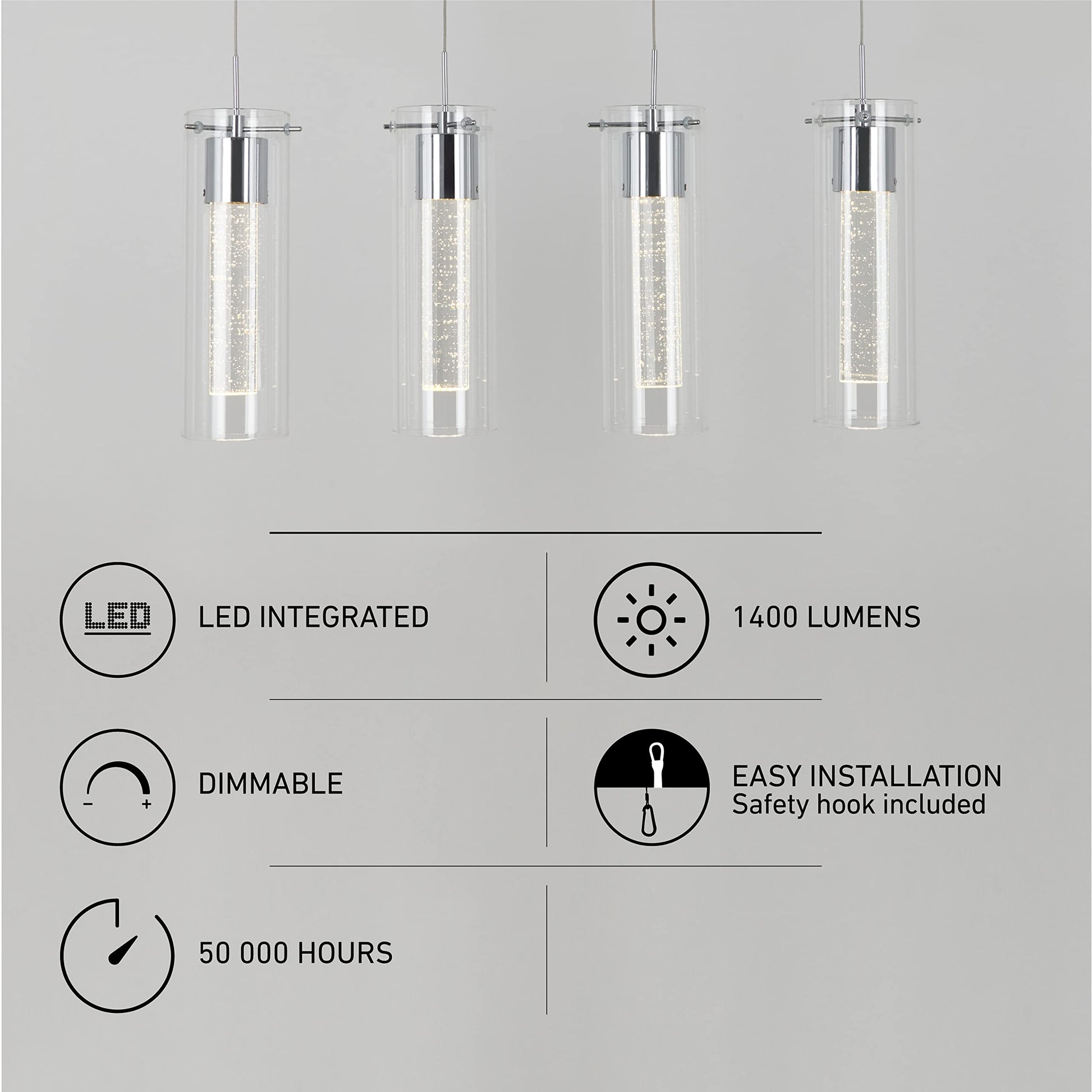 Artika OME59B-HD2 4-Pendant Dimmable Light Fixture, Chrome Plated