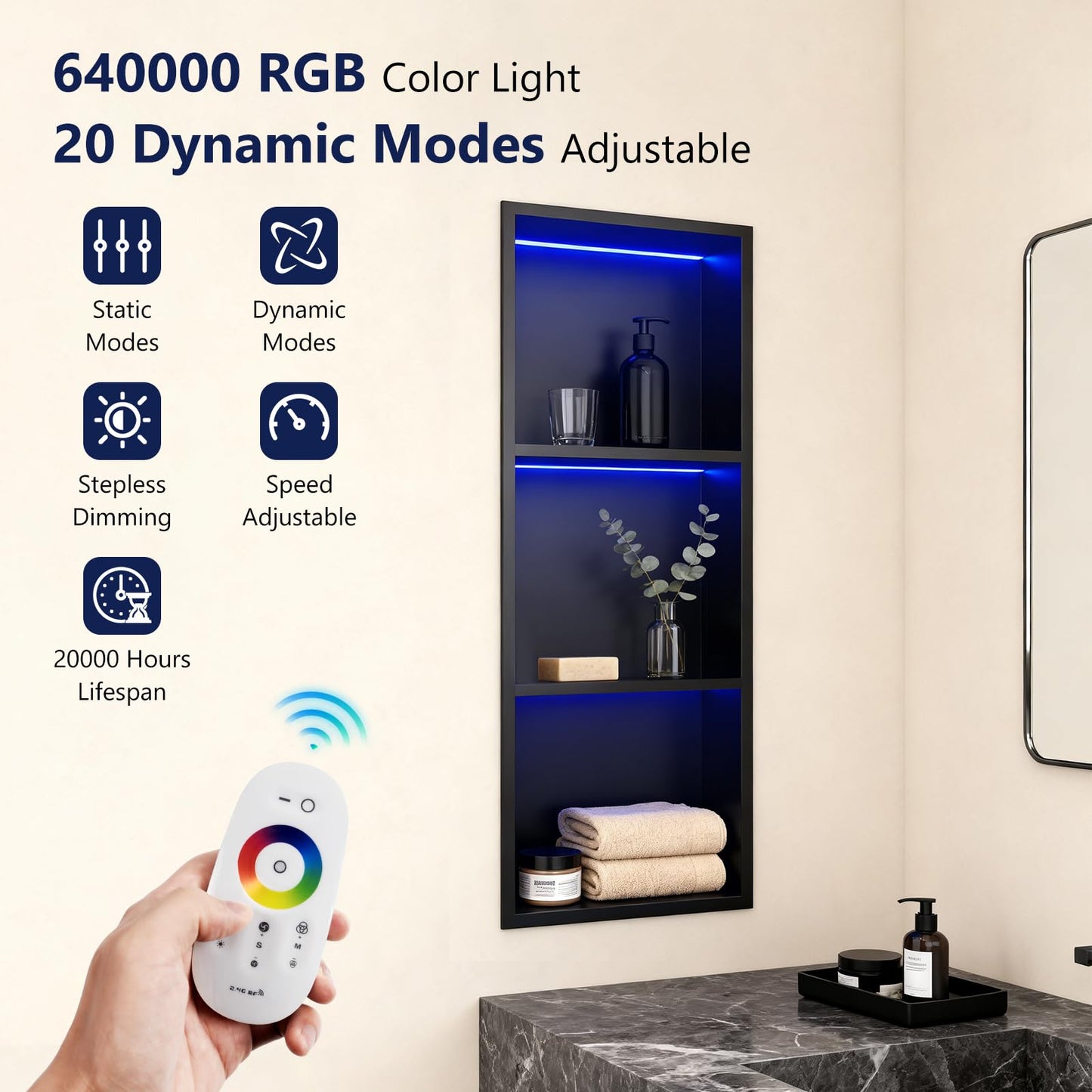 Hofuliving 12" X 36" RGB LED Shower Niche No Tile Needed, Stainless Steel Shower Niche Insert Tile Ready, Recessed Wall Shelf for Bathroom Storage Organizer with Remote Control, Matte Black