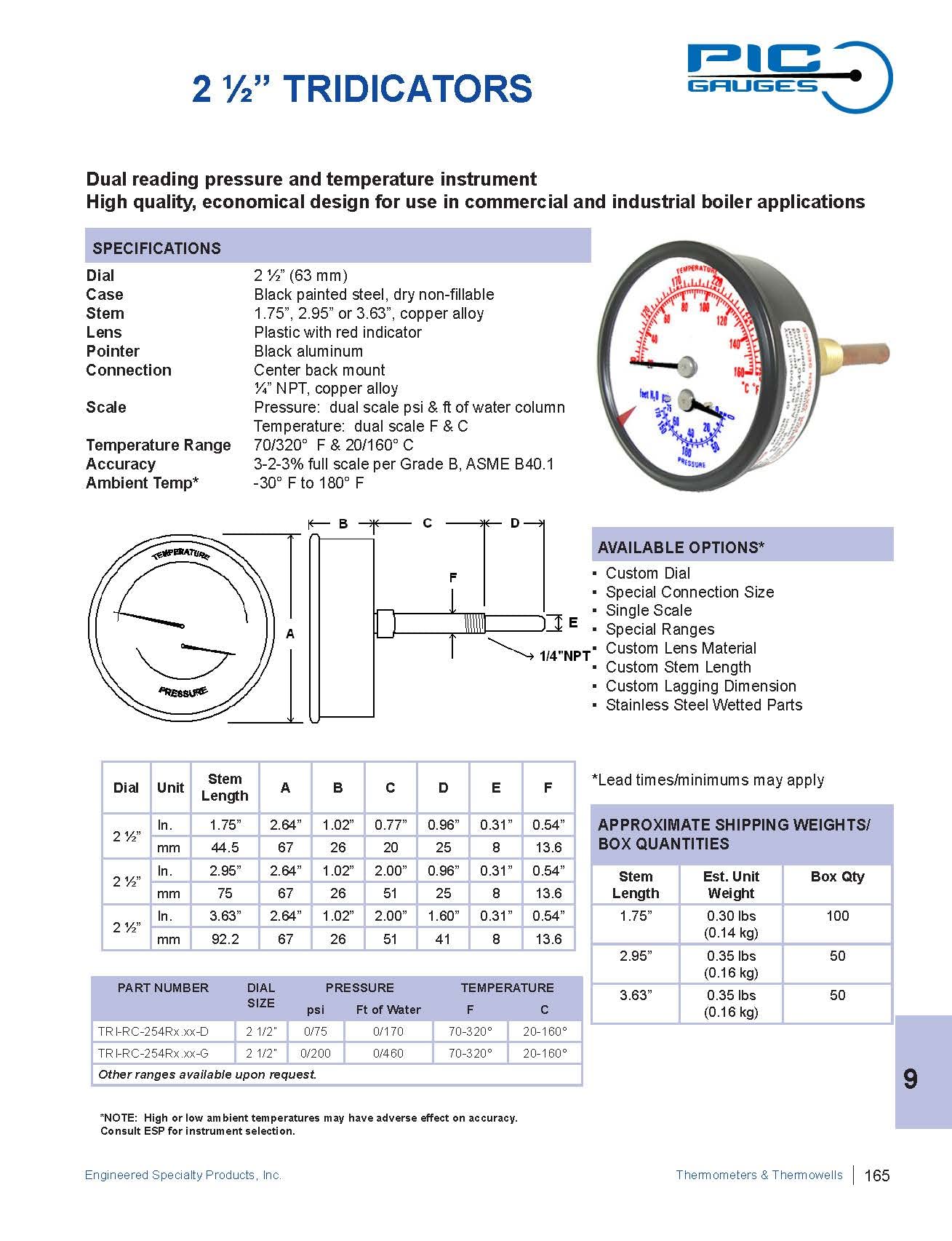 PIC Gauges TRI-RC-254R1.75-D Commercial Tridicator, Black Steel Case, Bronze Internals, Plastic Lens w/ Red Indicator, 2.5" Dial, 1.75" Stem Length, 0/75 psi Range, 1/4" Male NPT