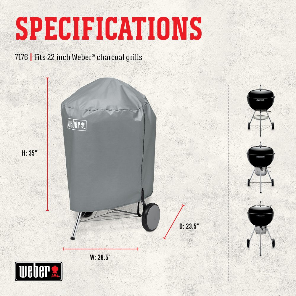 Weber 22-Inch Charcoal Kettle Grill Cover – Premium Heavy-Duty Polyester, UV & Water Resistant, Breathable Fabric with Secure Straps, Easy Slip-On Design