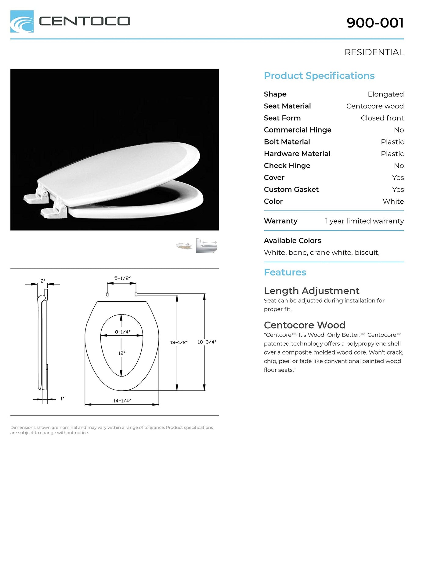 Centoco Elongated Toilet Seat, Heavy-Duty Wood Core with Plastic Scratch-Resistant Finish, Residential, Made in the USA, 900-106, Bone
