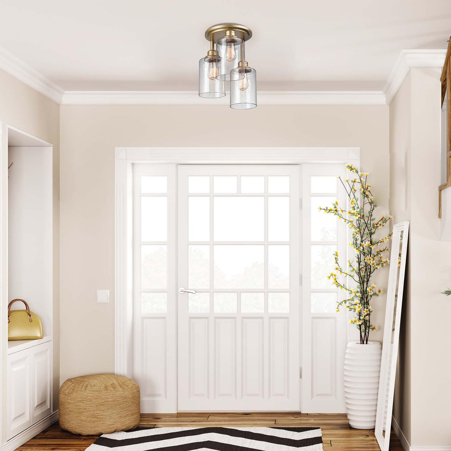 FOR PARTS GLOBE Electric Annecy  3-Light Flush Mount Ceiling Light, Matte Gold, Clear Glass Shades, Bedroom Lighting Fixtures Ceiling, Dining Room Fixture, Timeless Lighting for Hallway or Dining Room
