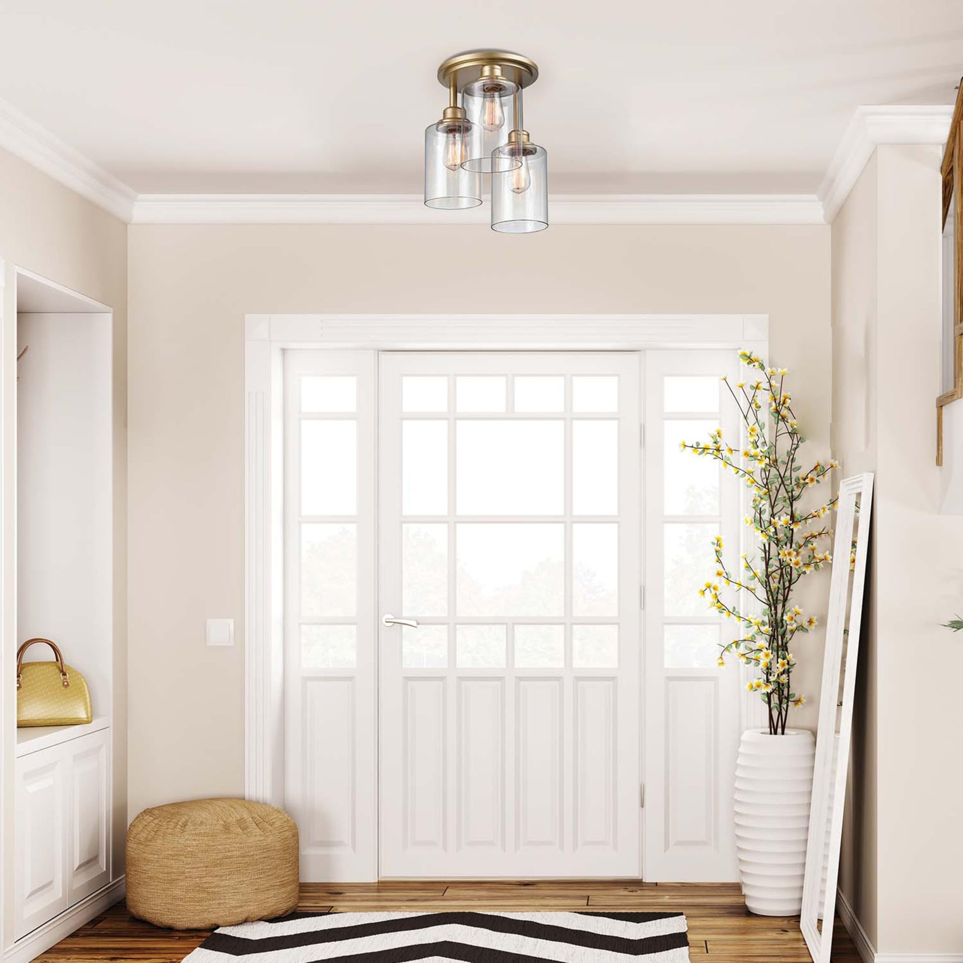 FOR PARTS GLOBE Electric Annecy  3-Light Flush Mount Ceiling Light, Matte Gold, Clear Glass Shades, Bedroom Lighting Fixtures Ceiling, Dining Room Fixture, Timeless Lighting for Hallway or Dining Room